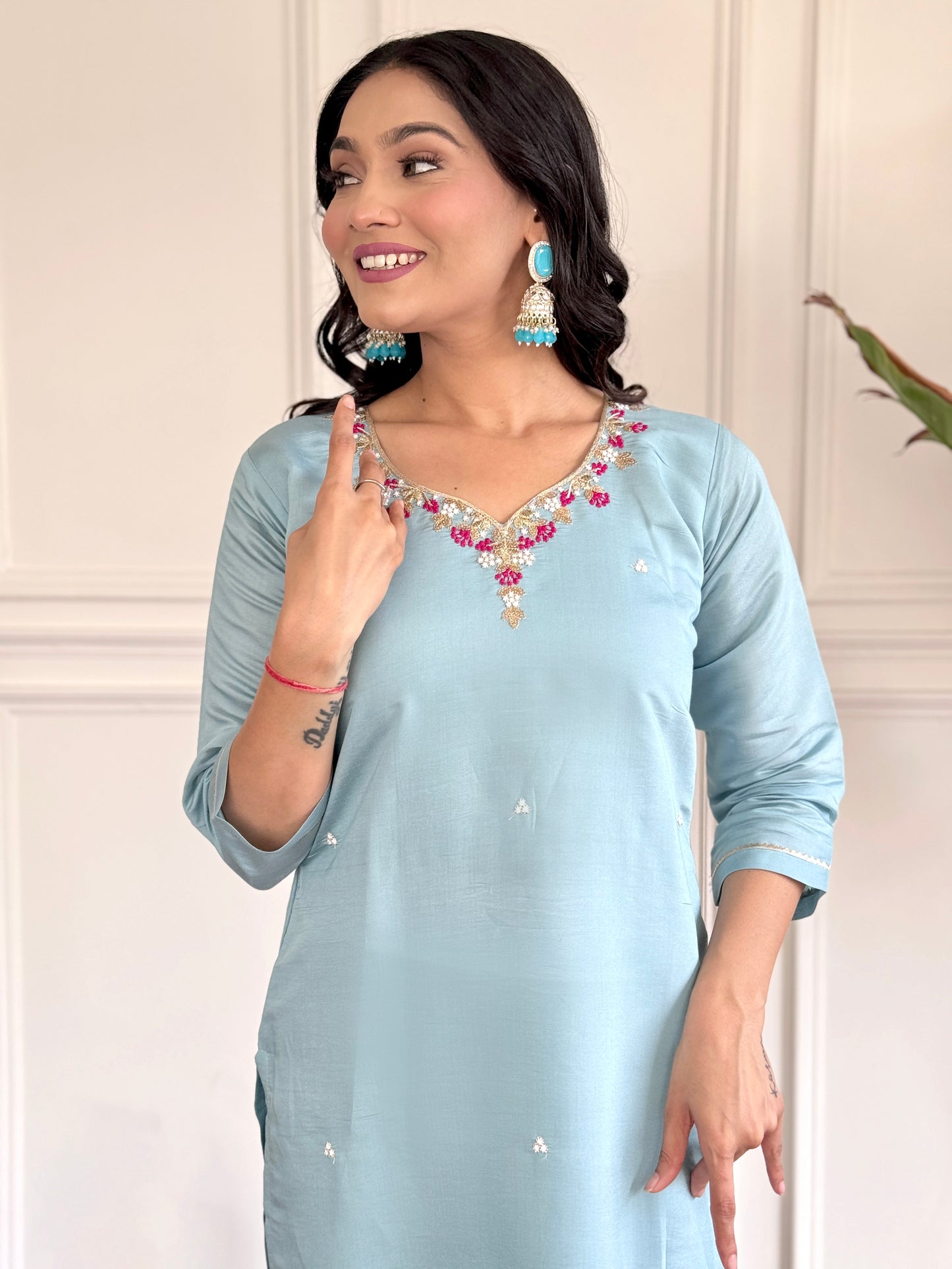 PRACHI SKY COLOURED WOMEN'S CHANDERI EMBROIDERED KURTA WITH PANT DUPATTA SET