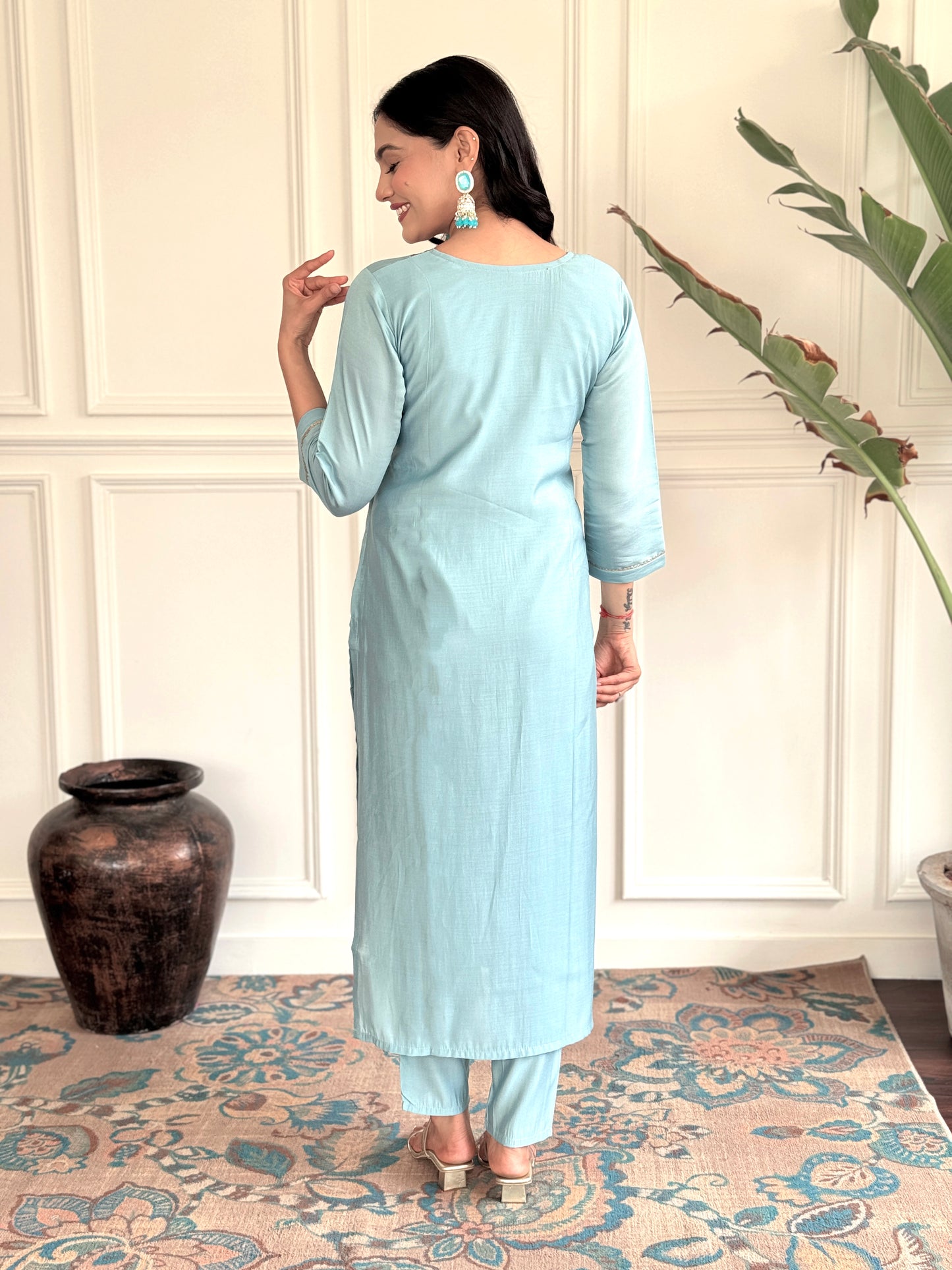 PRACHI SKY COLOURED WOMEN'S CHANDERI EMBROIDERED KURTA WITH PANT DUPATTA SET