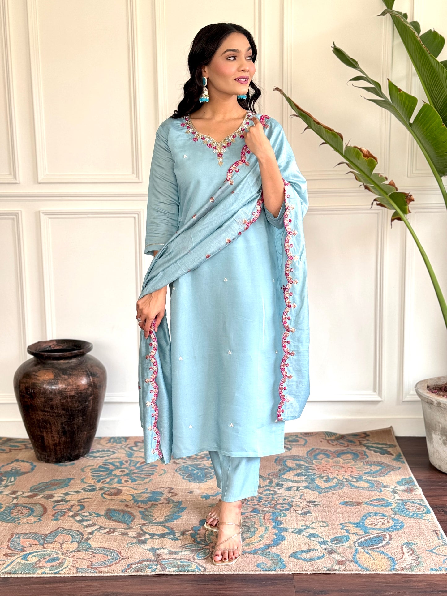 PRACHI SKY COLOURED WOMEN'S CHANDERI EMBROIDERED KURTA WITH PANT DUPATTA SET