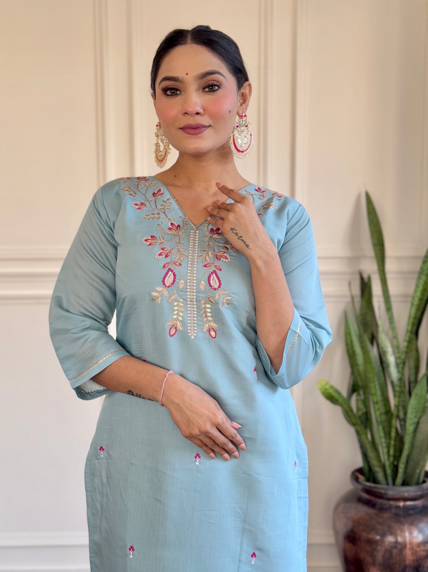 PARITA SKY COLOURED WOMEN'S VISCOSE CHANDERI EMBROIDERED KURTA WITH PANT DUPATTA SET