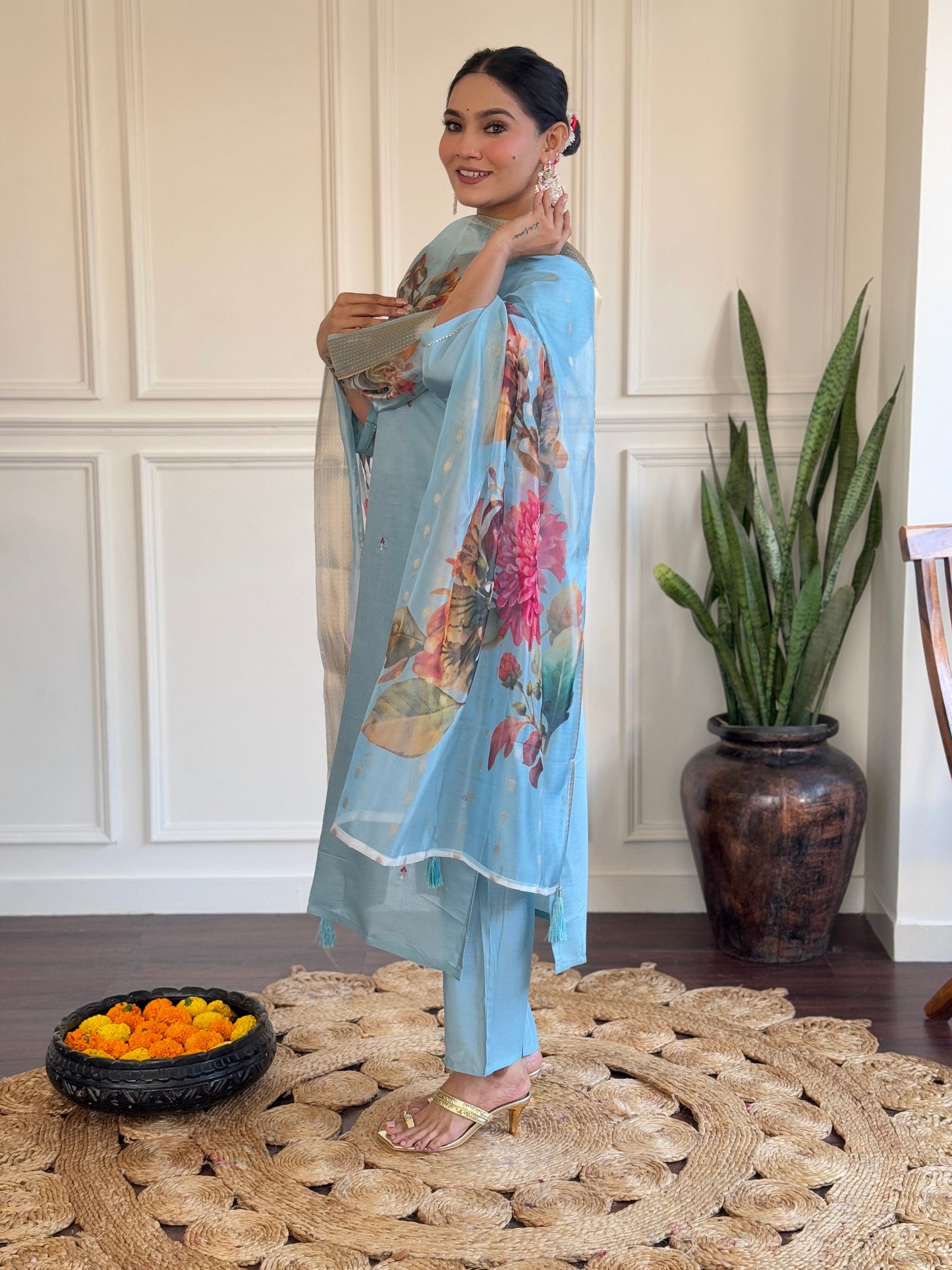 PARITA SKY COLOURED WOMEN'S VISCOSE CHANDERI EMBROIDERED KURTA WITH PANT DUPATTA SET