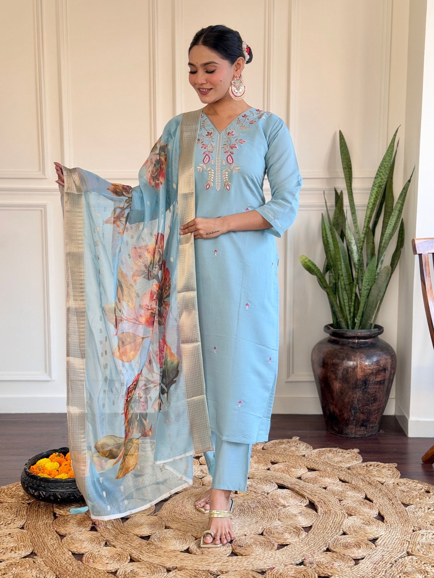 PARITA SKY COLOURED WOMEN'S VISCOSE CHANDERI EMBROIDERED KURTA WITH PANT DUPATTA SET