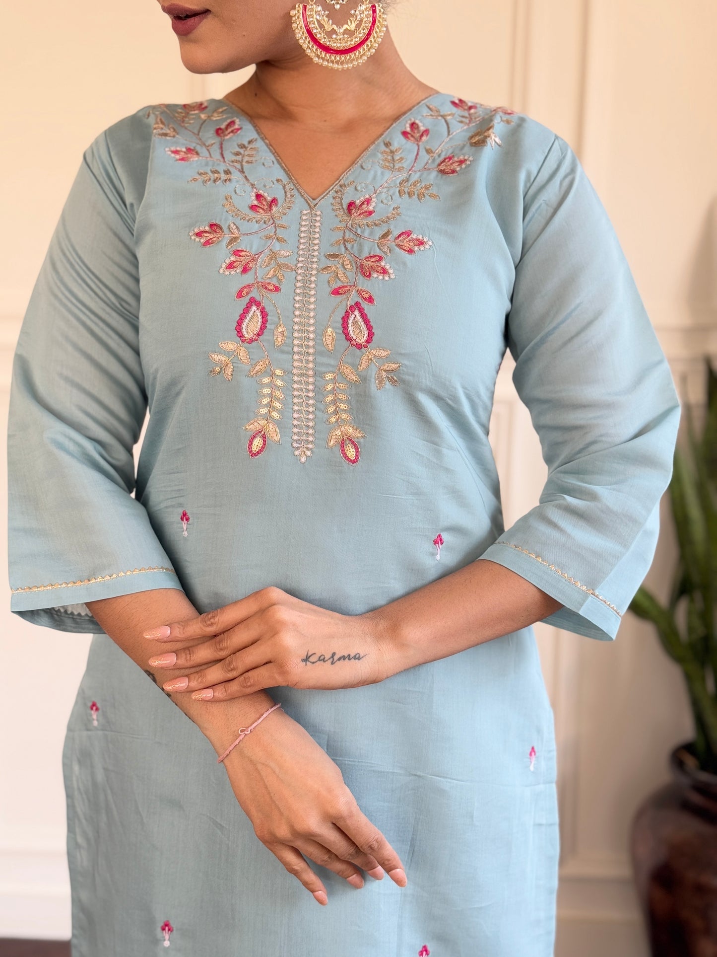 PARITA SKY COLOURED WOMEN'S VISCOSE CHANDERI EMBROIDERED KURTA WITH PANT DUPATTA SET