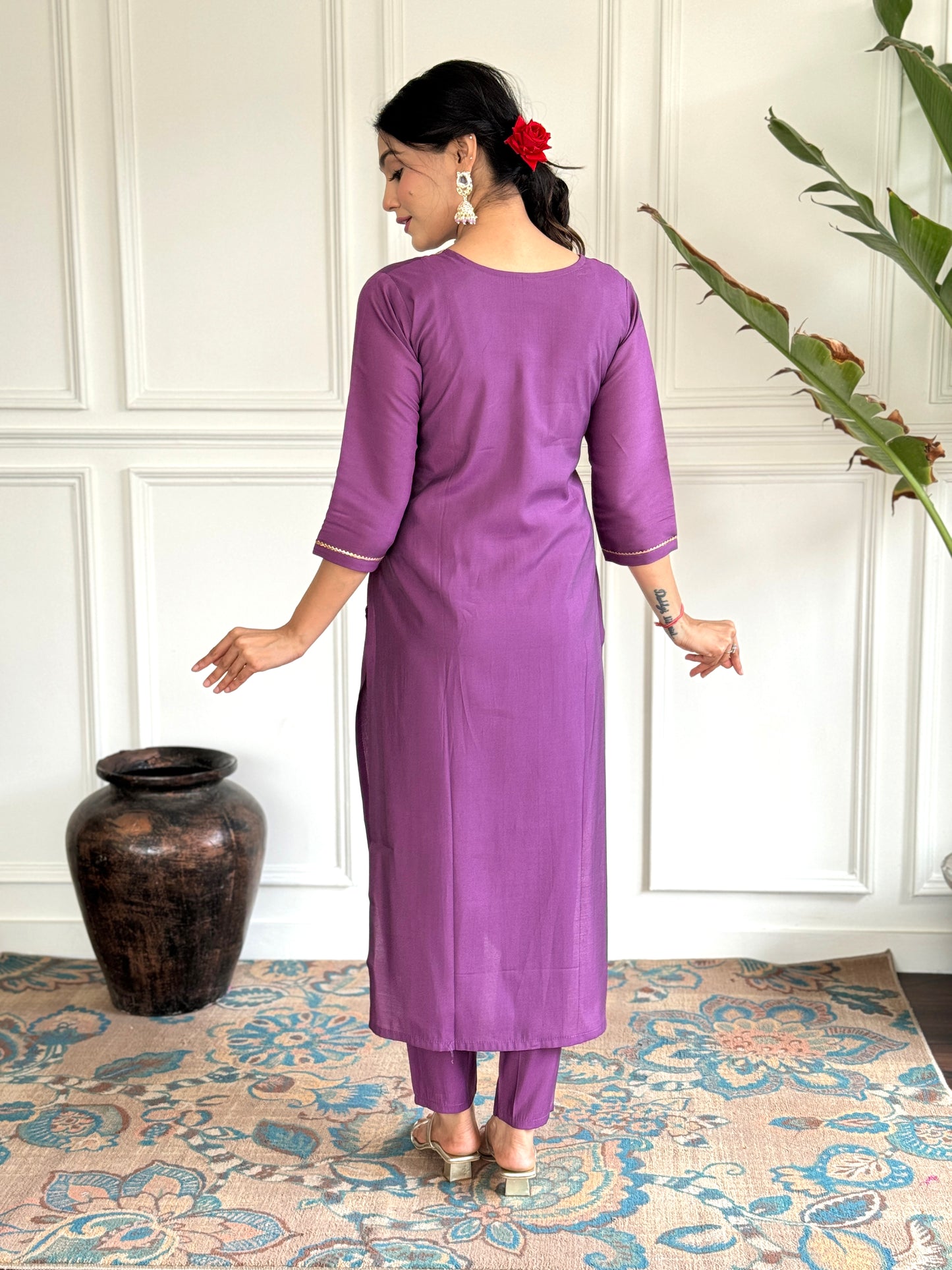 PURPLE COLOURED WOMEN'S VISCOSE CHANDERI EMBROIDERED KURTA WITH PANT DUPATTA SET
