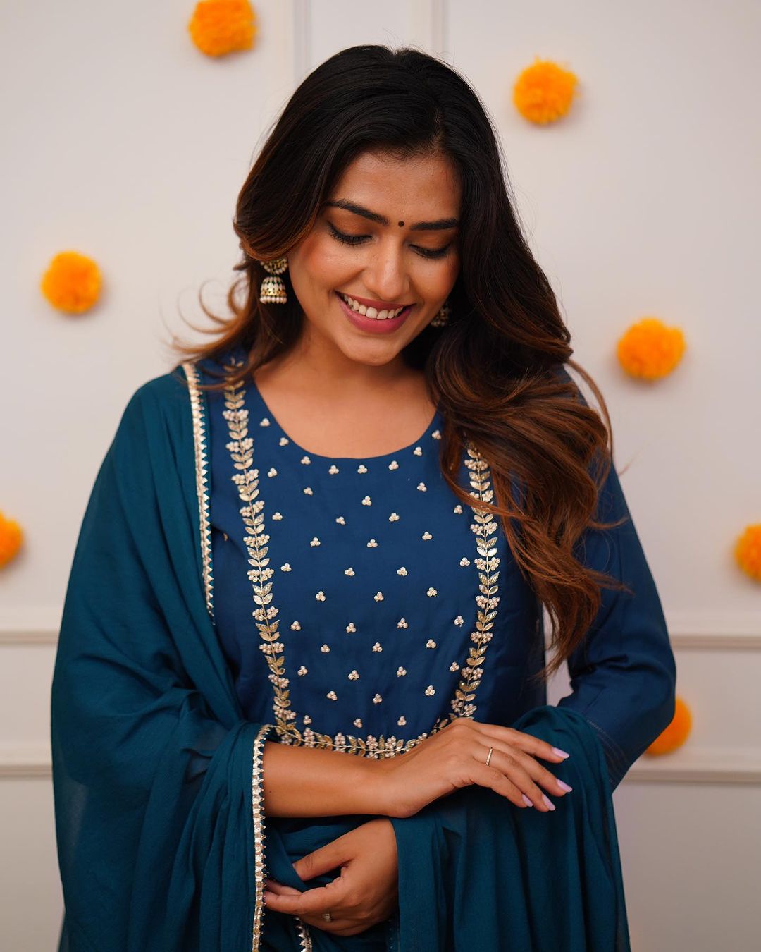 PRAGATI BLUE COLOURED WOMEN'S RAYON SLUB EMBROIDERED KURTA WITH PANT DUPATTA SET
