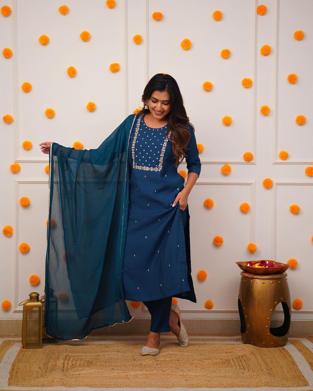PRAGATI BLUE COLOURED WOMEN'S RAYON SLUB EMBROIDERED KURTA WITH PANT DUPATTA SET
