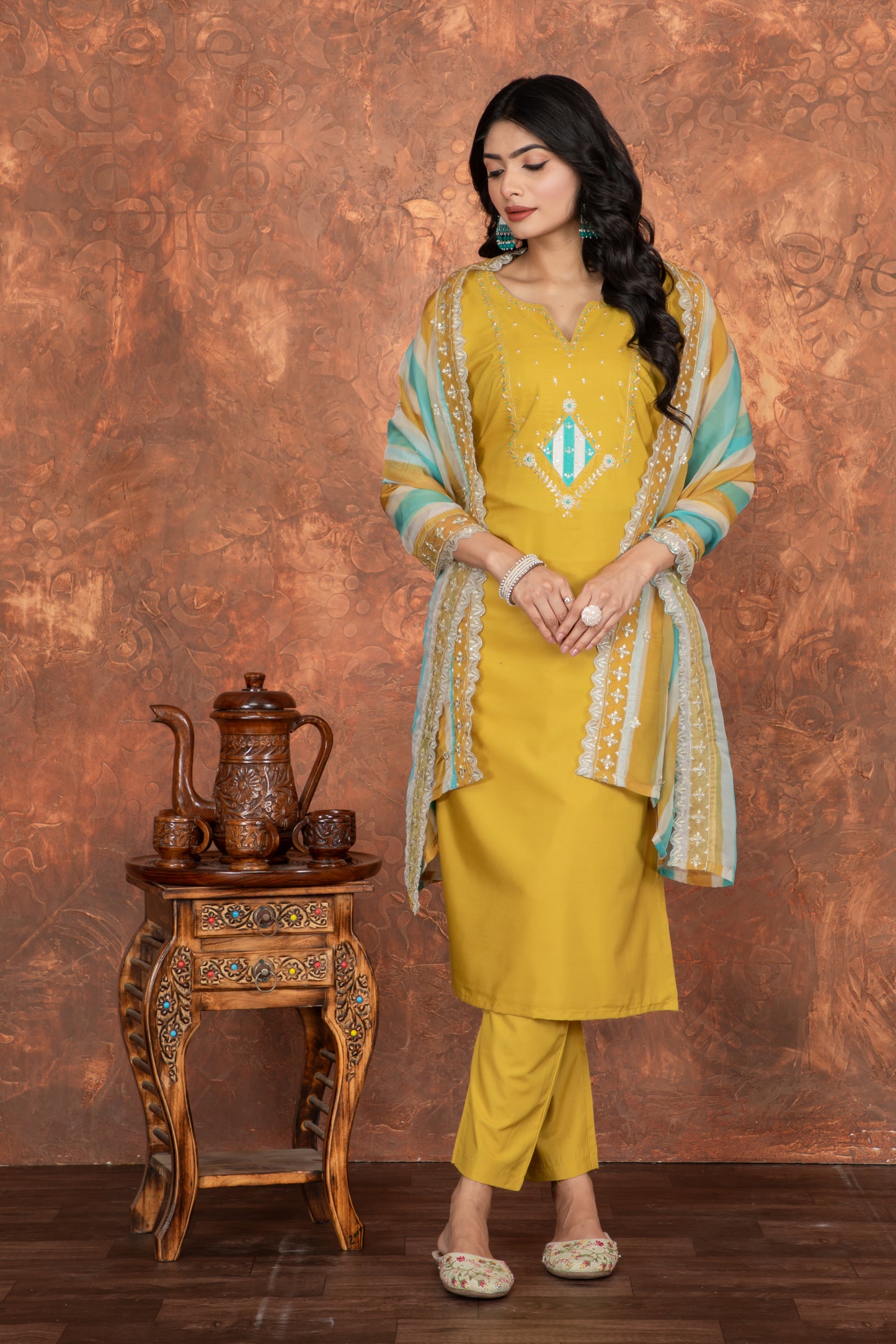 YELLOW COLOURED WOMEN'S ROMAN SILK EMBROIDERED KURTA WITH PANT DUPATTA SET SET
