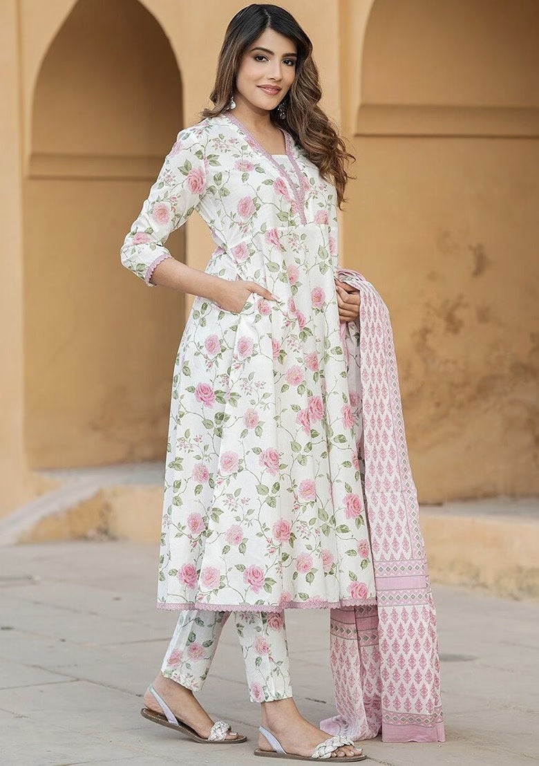 KAMINI PINK COLOURED WOMEN'S COTTON SLUB KURTA WITH PANT DUPATTA SET