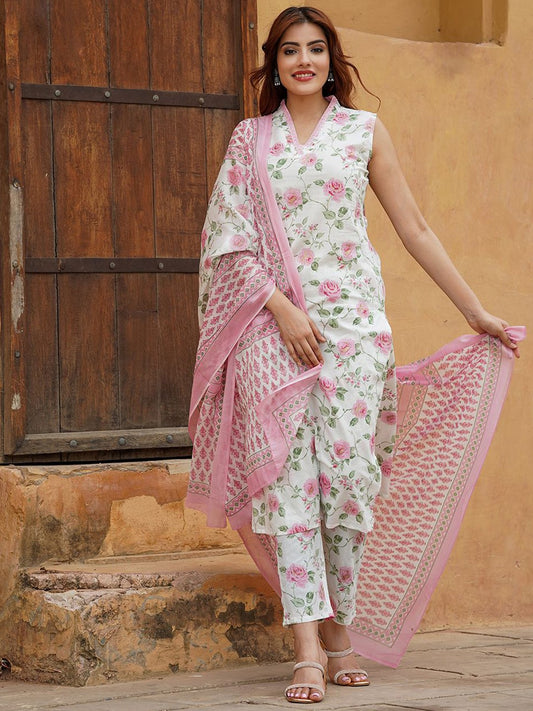 DAMINI PINK COLOURED WOMEN'S COTTON SLUB KURTA WITH PANT DUPATTA SET