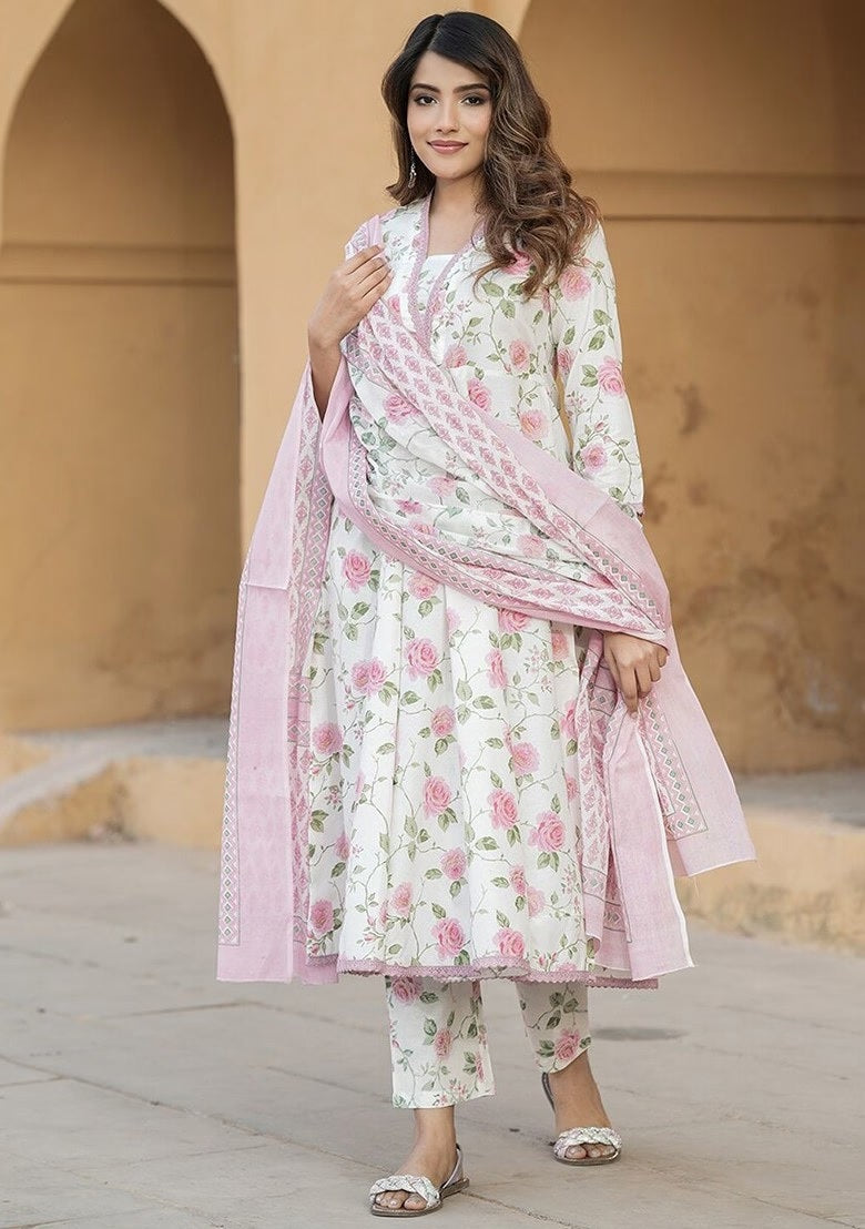 KAMINI PINK COLOURED WOMEN'S COTTON SLUB KURTA WITH PANT DUPATTA SET