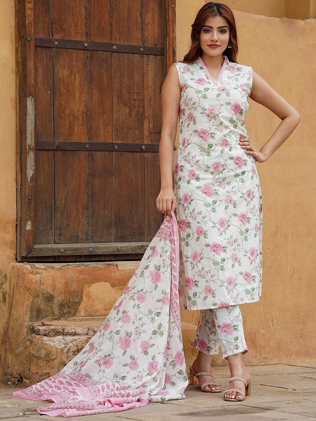 DAMINI PINK COLOURED WOMEN'S COTTON SLUB KURTA WITH PANT DUPATTA SET