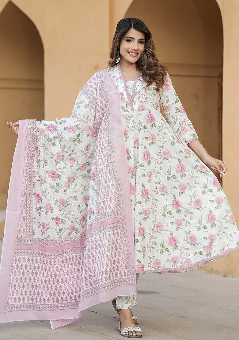 KAMINI PINK COLOURED WOMEN'S COTTON SLUB KURTA WITH PANT DUPATTA SET
