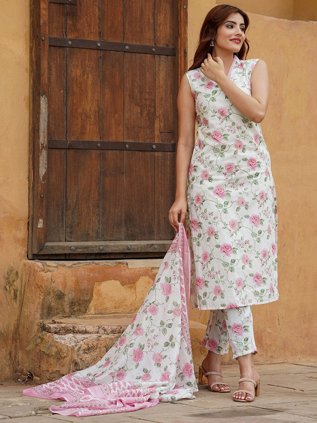 DAMINI PINK COLOURED WOMEN'S COTTON SLUB KURTA WITH PANT DUPATTA SET
