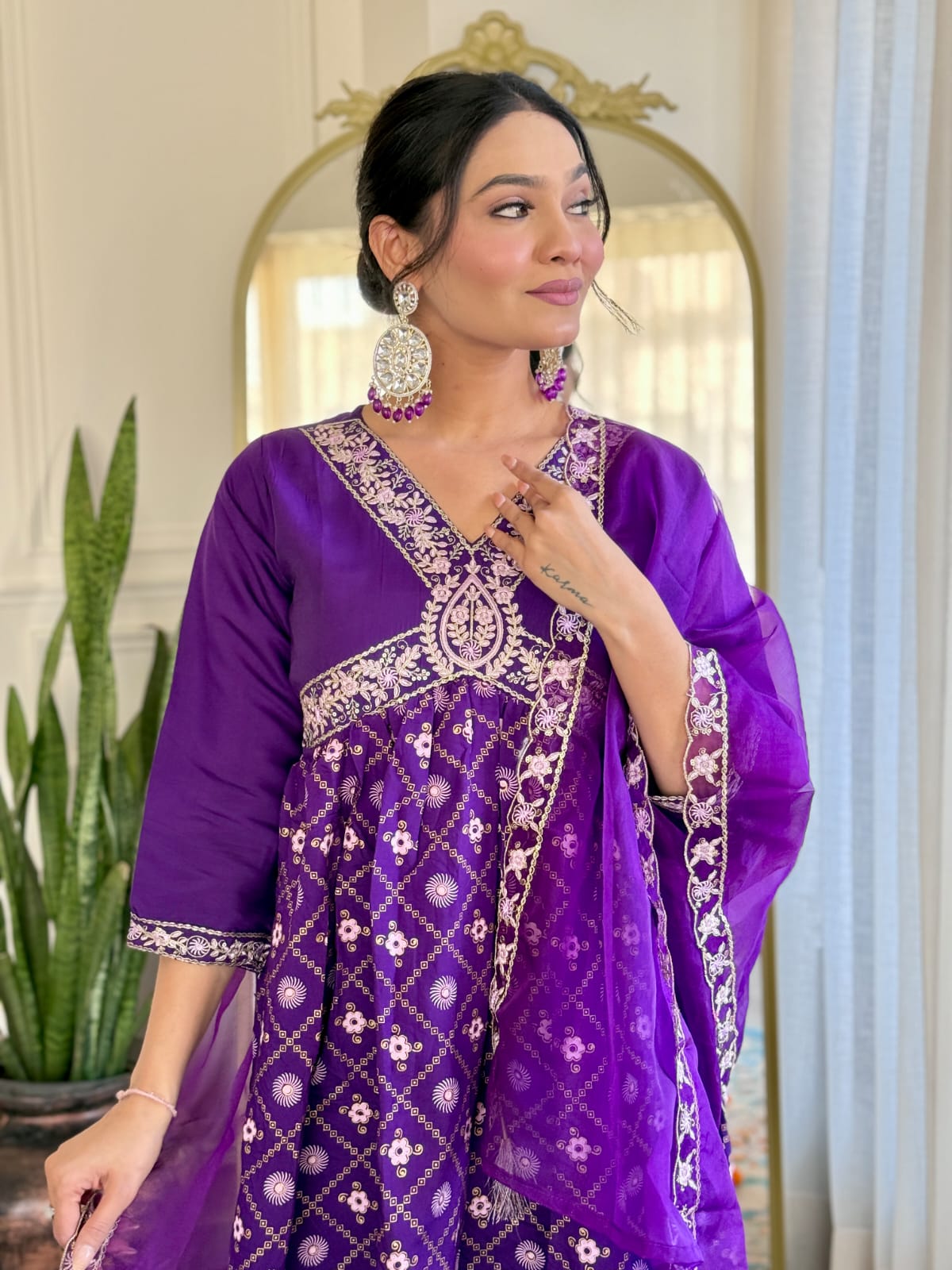 RAAVEE COLOURED WOMEN'S CHANDERI SILK EMBROIDERED KURTA WITH PANT DUPATTA SET