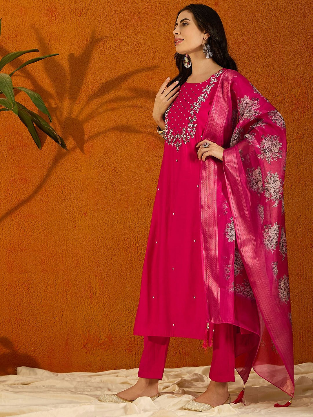 RED COLOURED WOMEN'S VISCOSE CHANDERI EMBROIDERED KURTA WITH PANT DUPATTA SET