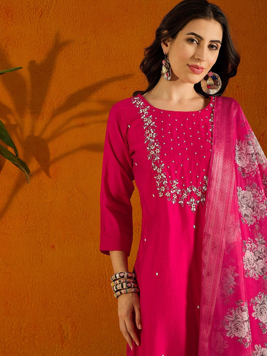 RED COLOURED WOMEN'S VISCOSE CHANDERI EMBROIDERED KURTA WITH PANT DUPATTA SET