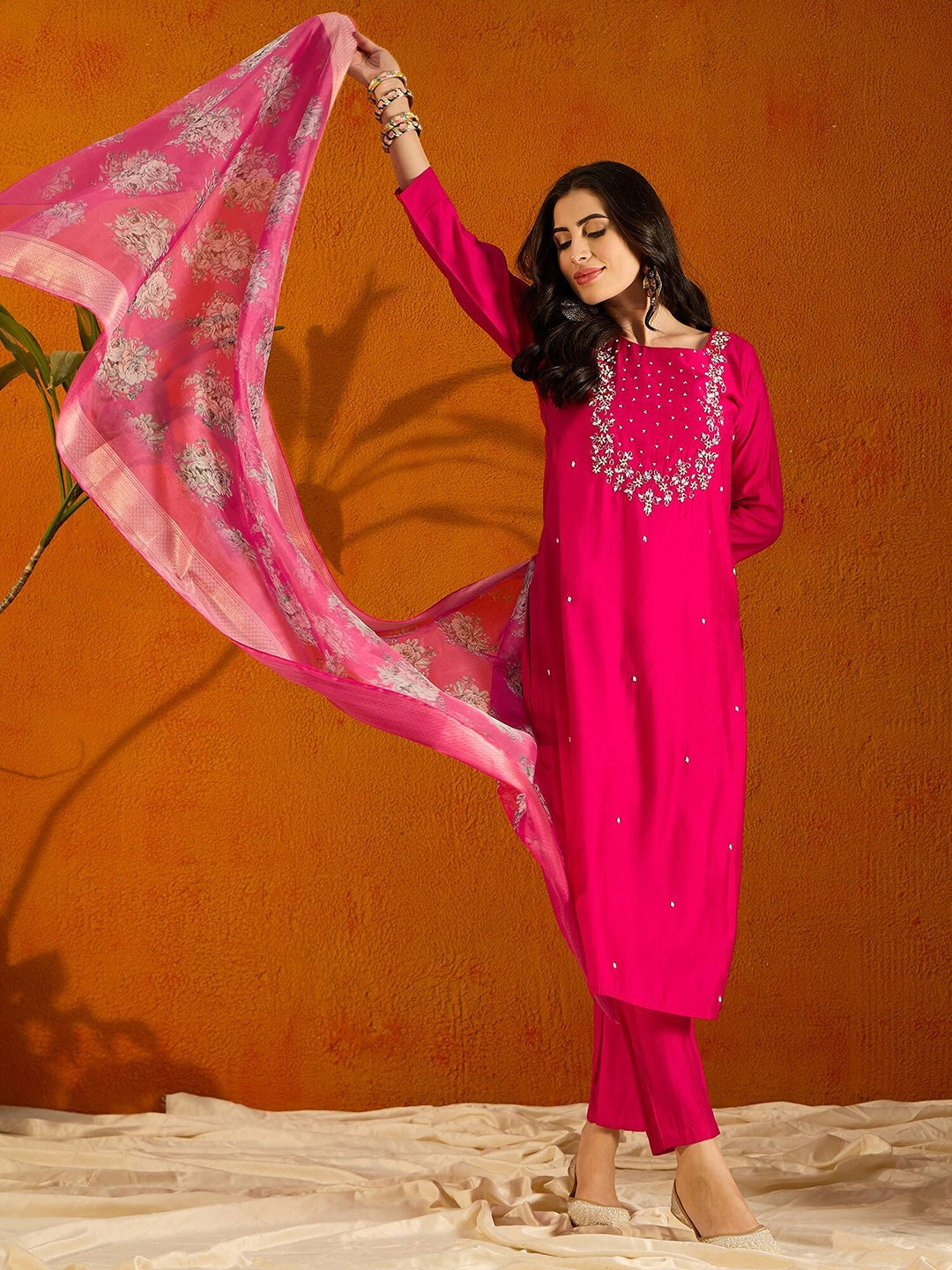 RED COLOURED WOMEN'S VISCOSE CHANDERI EMBROIDERED KURTA WITH PANT DUPATTA SET