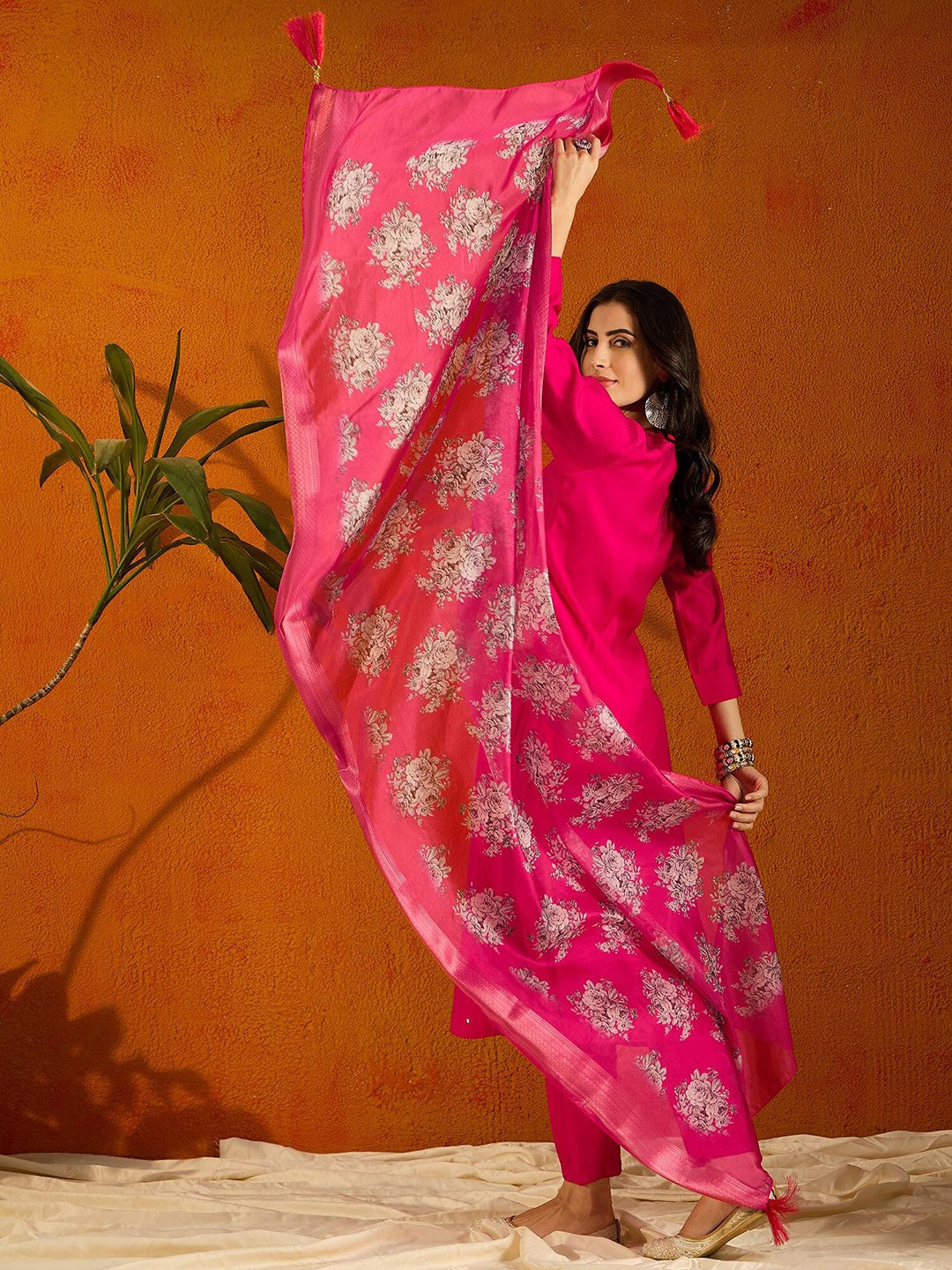RED COLOURED WOMEN'S VISCOSE CHANDERI EMBROIDERED KURTA WITH PANT DUPATTA SET