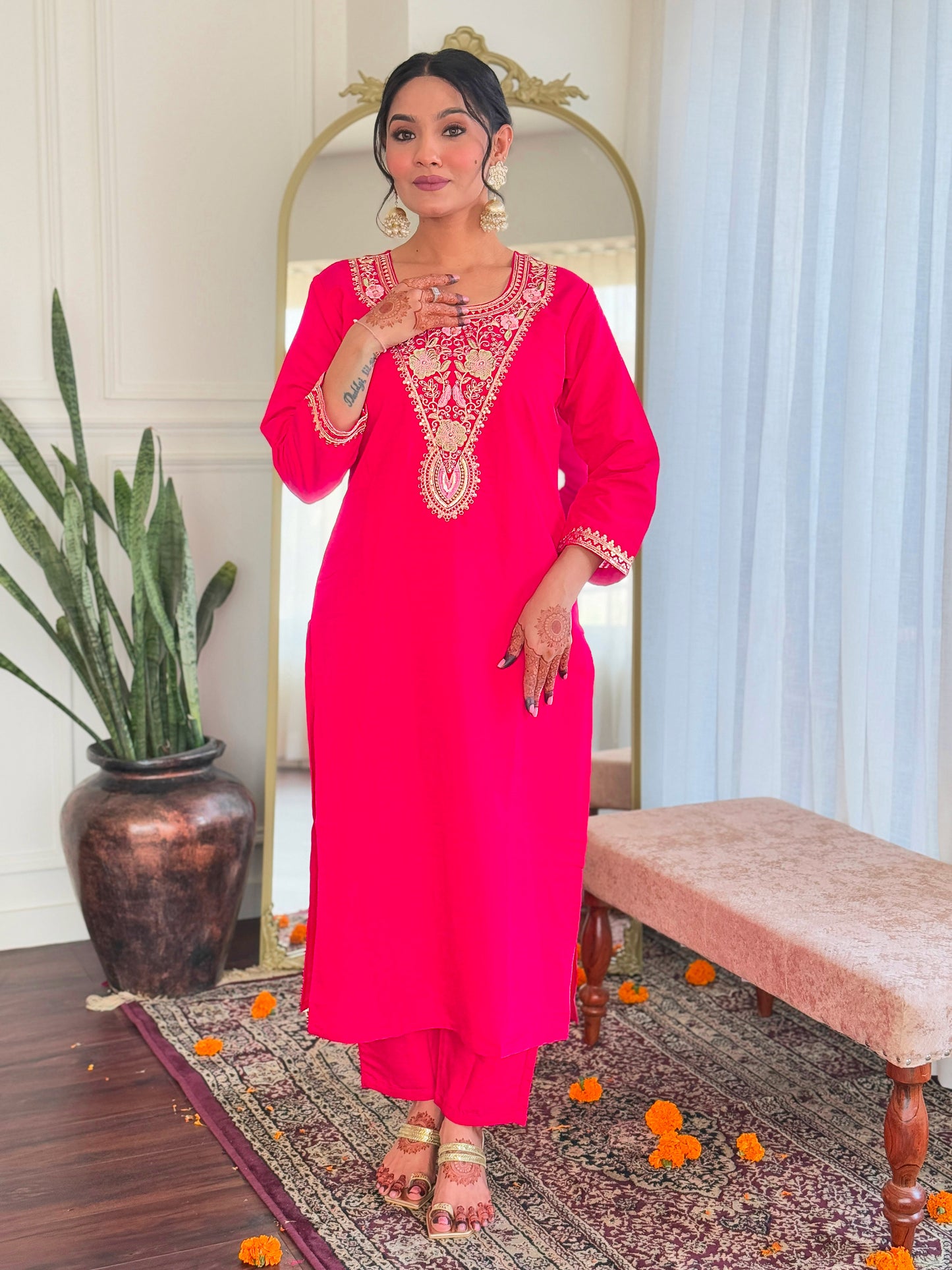 REVA PINK COLOURED WOMEN'S VISCOSE BLEND REYON EMBROIDERED KURTA WITH PANT DUPATTA SET