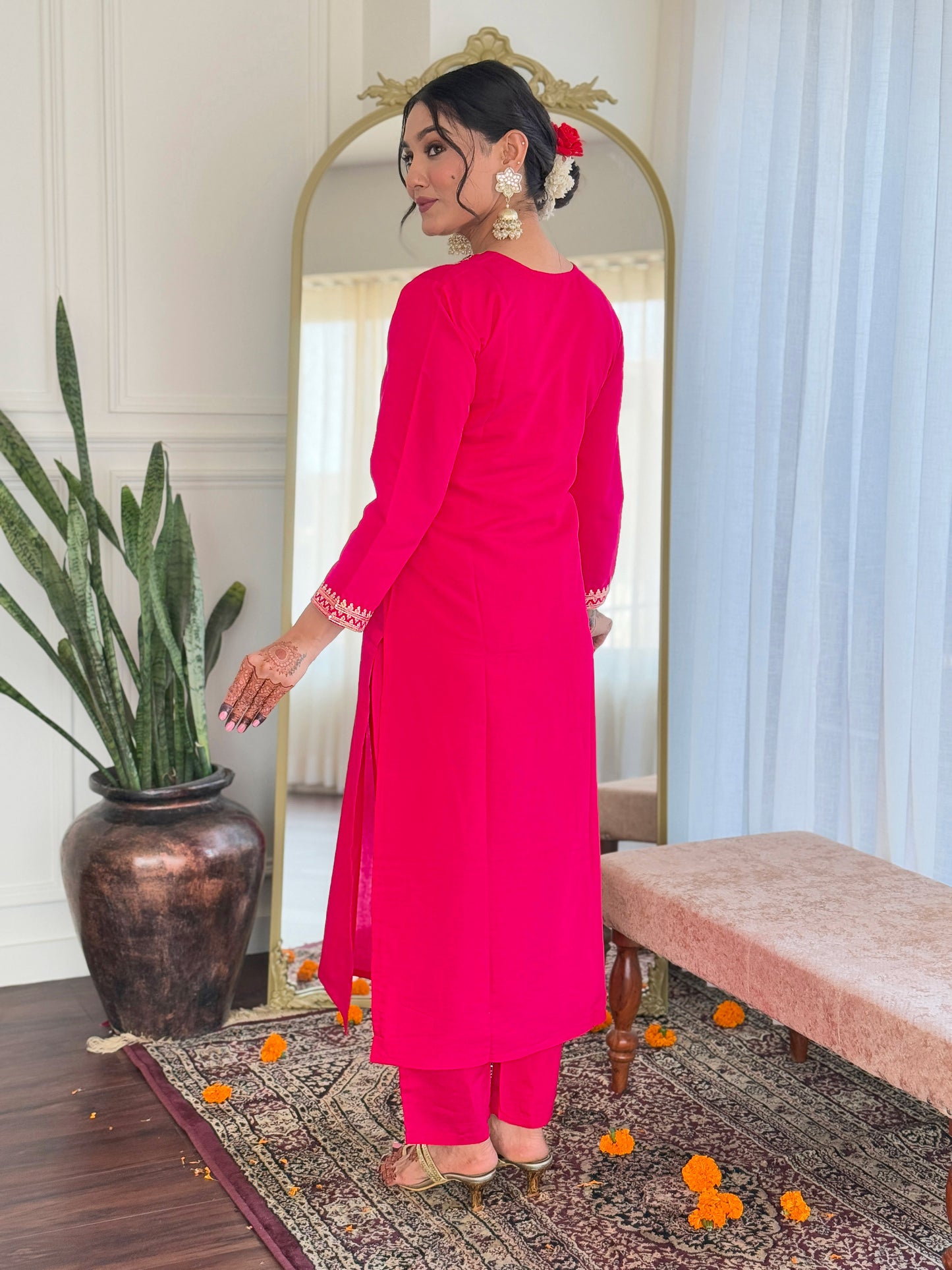 REVA PINK COLOURED WOMEN'S VISCOSE BLEND REYON EMBROIDERED KURTA WITH PANT DUPATTA SET
