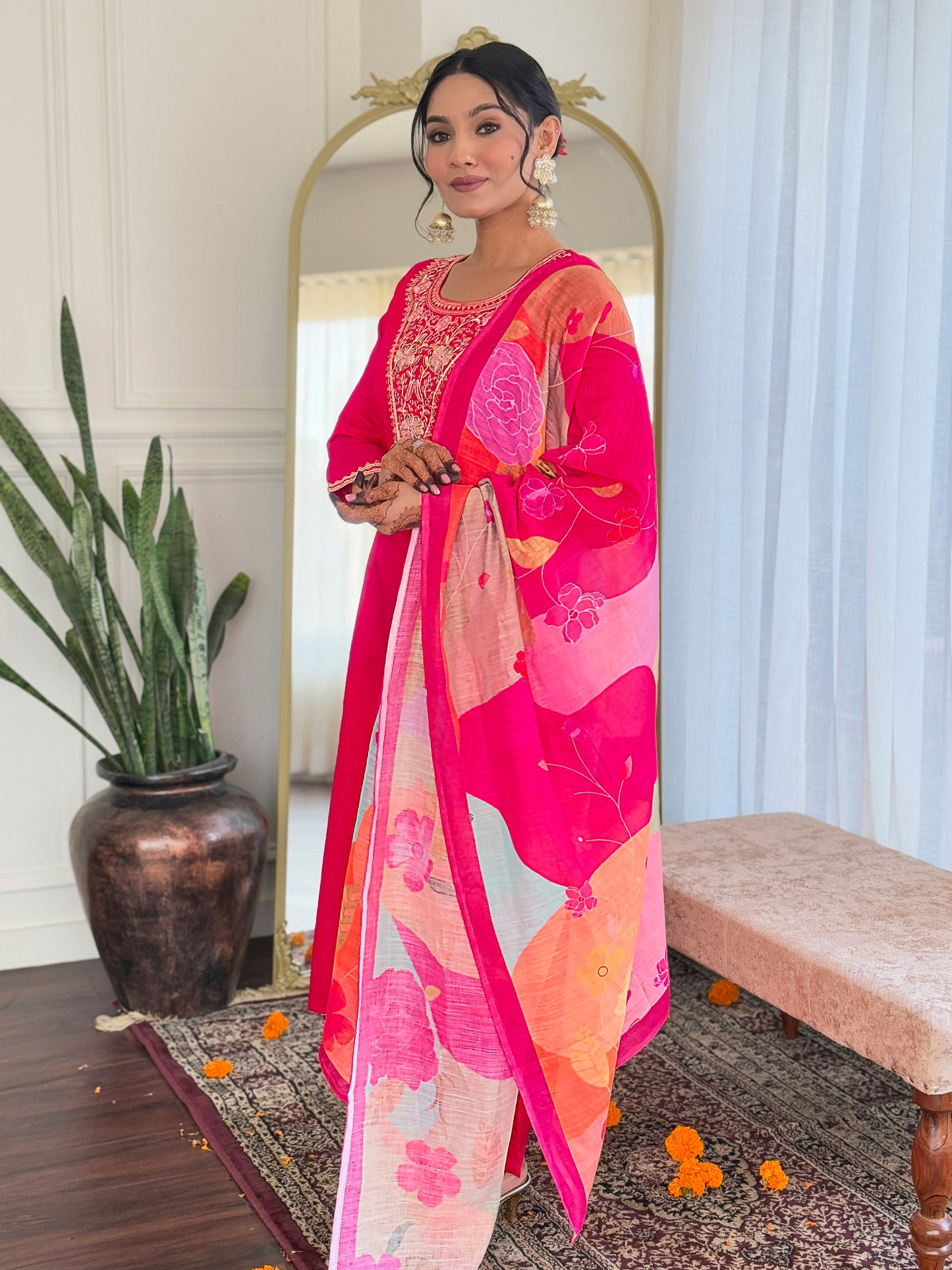 REVA PINK COLOURED WOMEN'S VISCOSE BLEND REYON EMBROIDERED KURTA WITH PANT DUPATTA SET