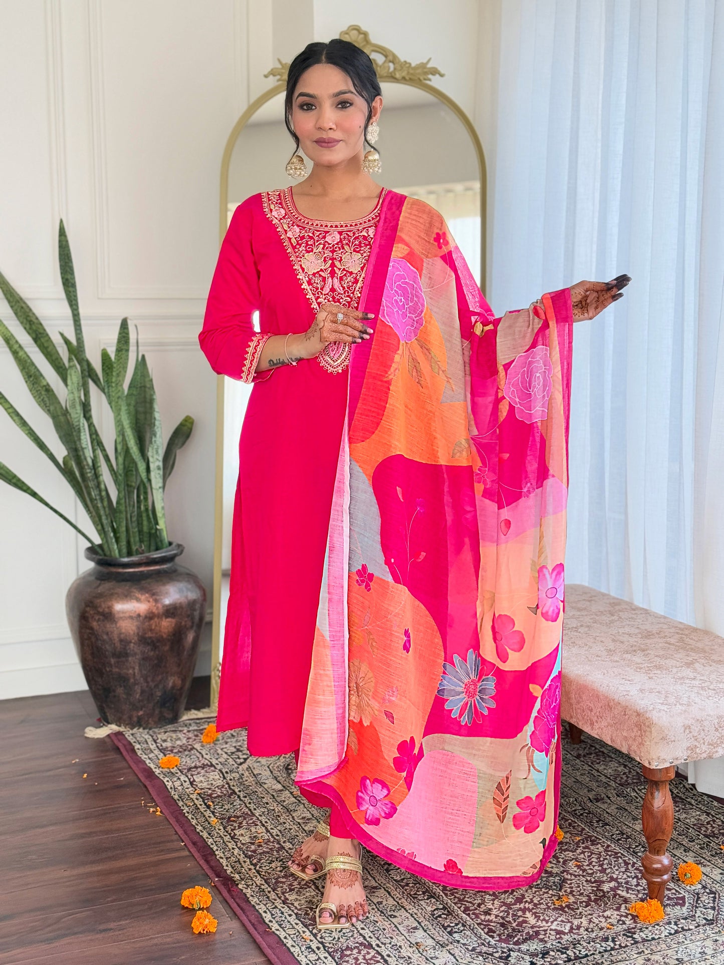 REVA PINK COLOURED WOMEN'S VISCOSE BLEND REYON EMBROIDERED KURTA WITH PANT DUPATTA SET