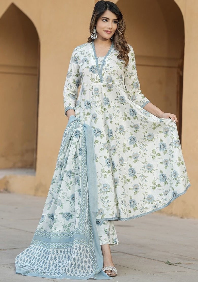 KAMINI WHITE COLOURED WOMEN'S COTTON SLUB KURTA WITH PANT DUPATTA SET