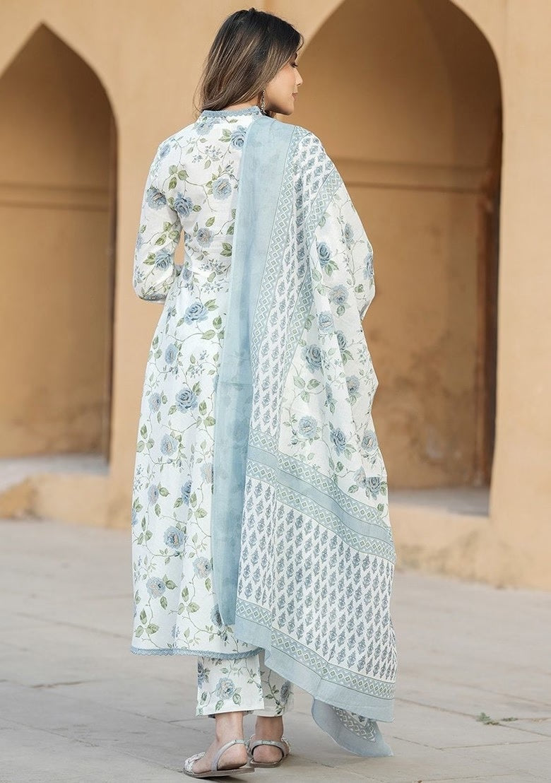 KAMINI WHITE COLOURED WOMEN'S COTTON SLUB KURTA WITH PANT DUPATTA SET