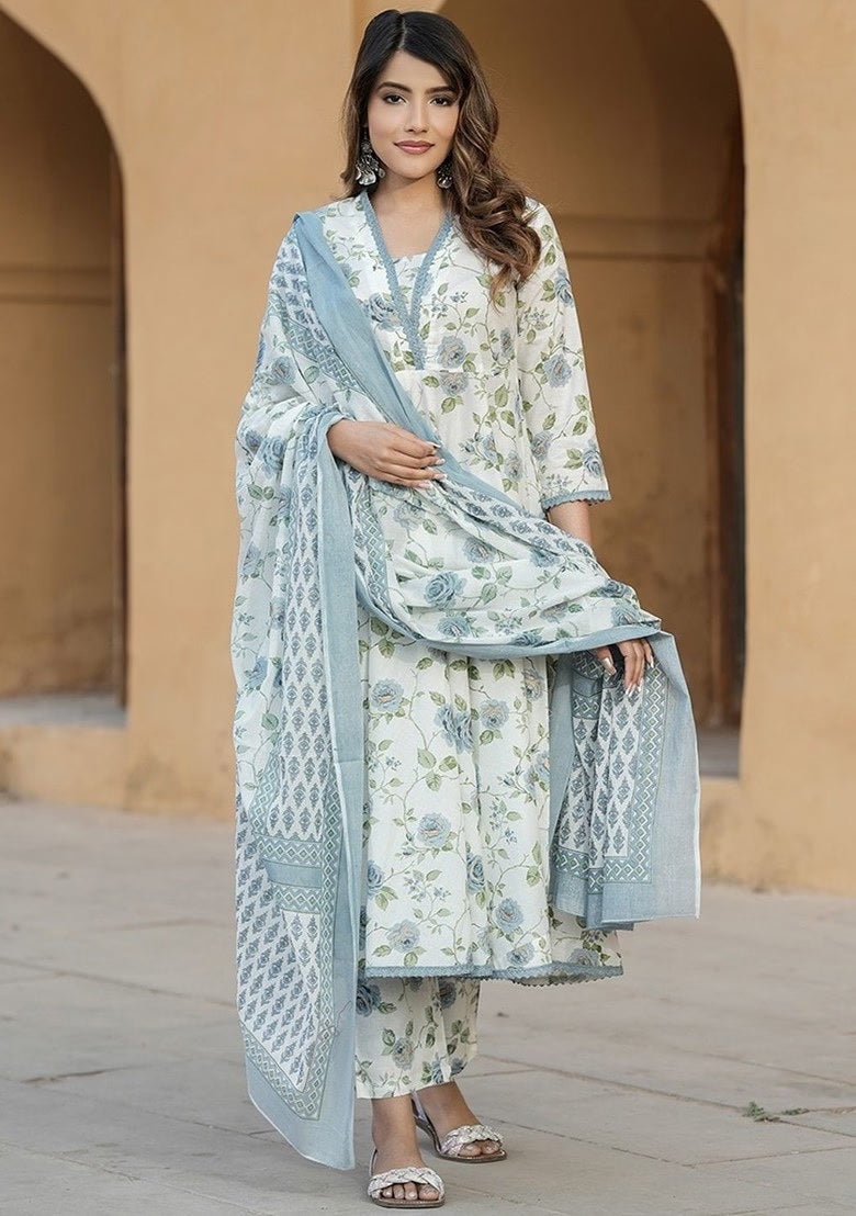 KAMINI WHITE COLOURED WOMEN'S COTTON SLUB KURTA WITH PANT DUPATTA SET