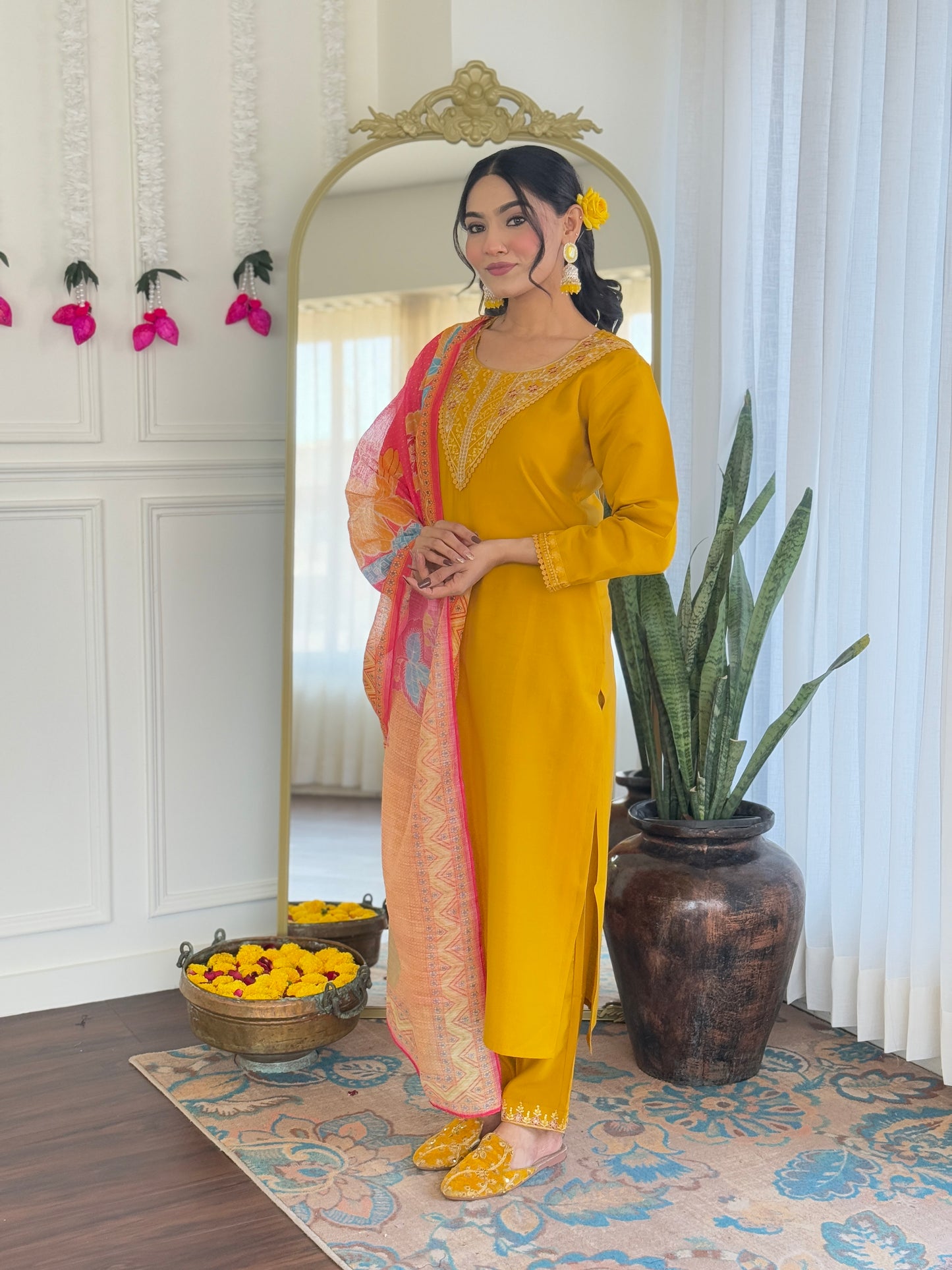 YELLOW COLOURED WOMEN'S CHANDERI SILK KURTA WITH PANT DUPATTA SET