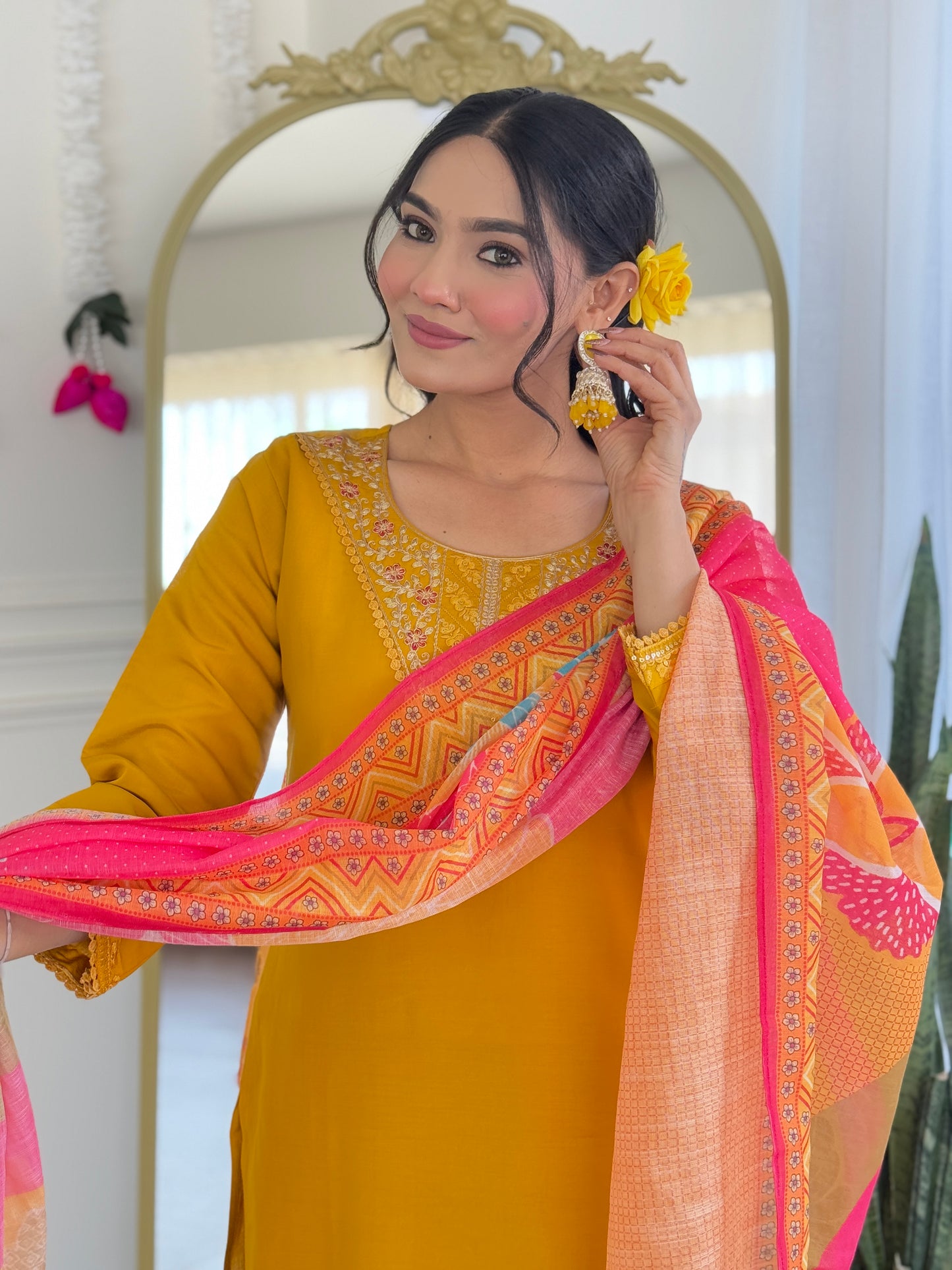 YELLOW COLOURED WOMEN'S CHANDERI SILK KURTA WITH PANT DUPATTA SET