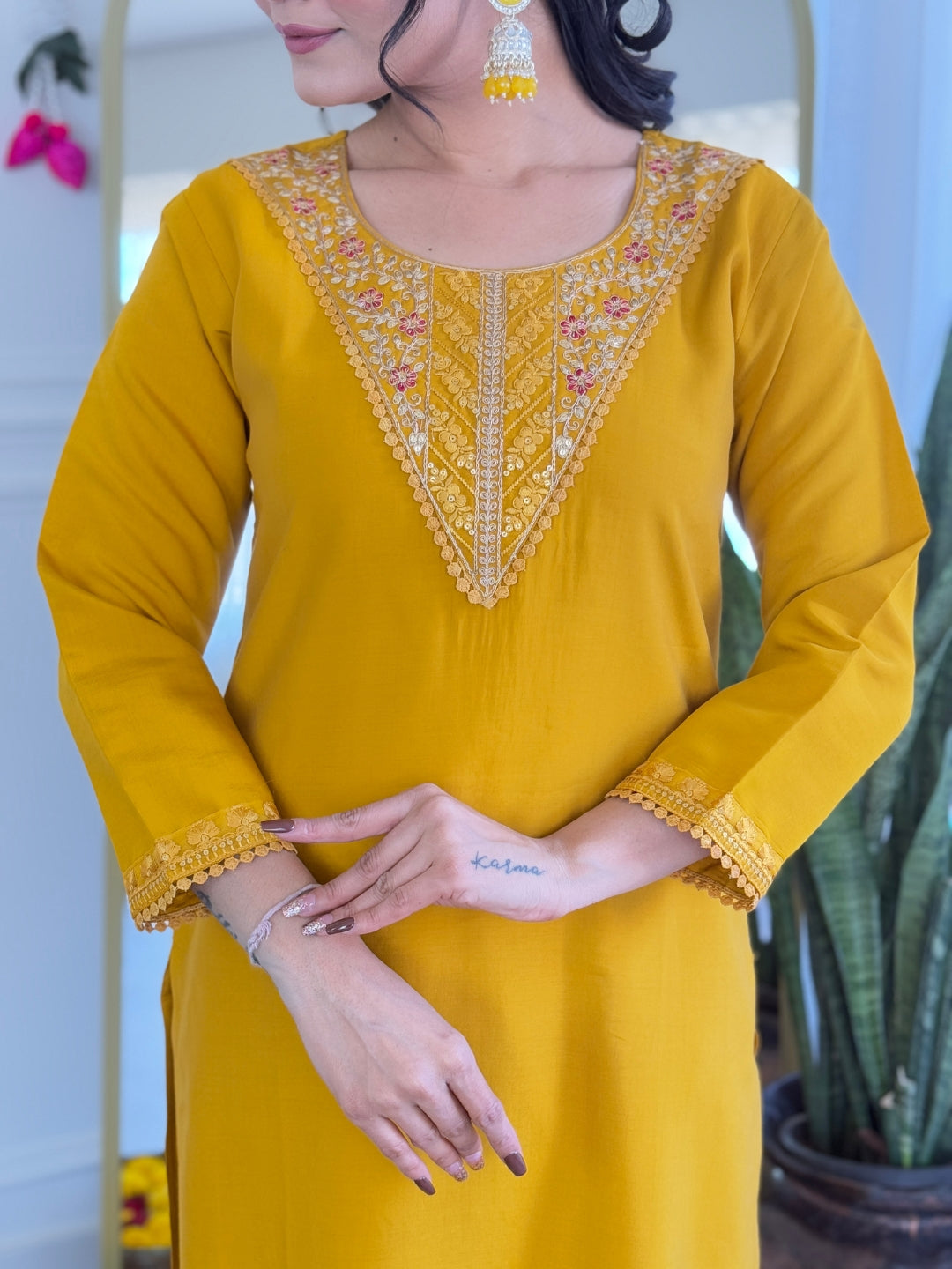 YELLOW COLOURED WOMEN'S CHANDERI SILK KURTA WITH PANT DUPATTA SET