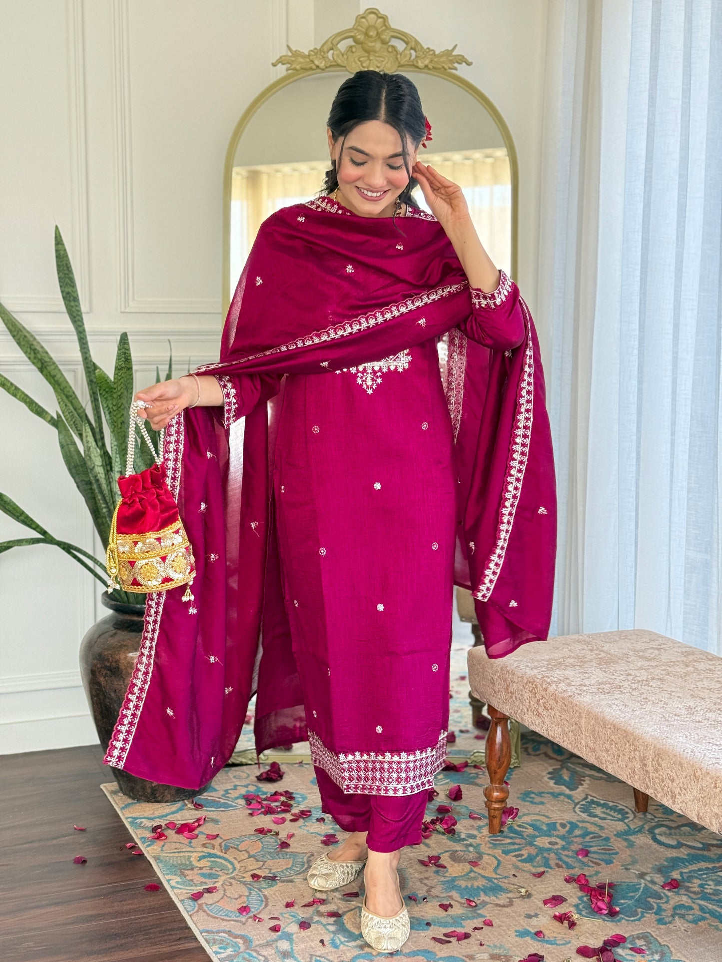 RED PINK COLOURED WOMEN'S CP VICHITRA EMBROIDERED STRAIGHT KURTA WITH PANT DUPATTA SET
