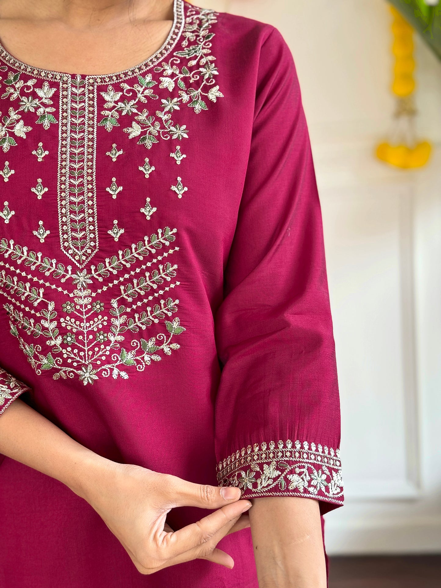 RED COLOURED WOMEN'S VISCOSE CHANDERI EMBROIDERED KURTA WITH PANT DUPATTA SET