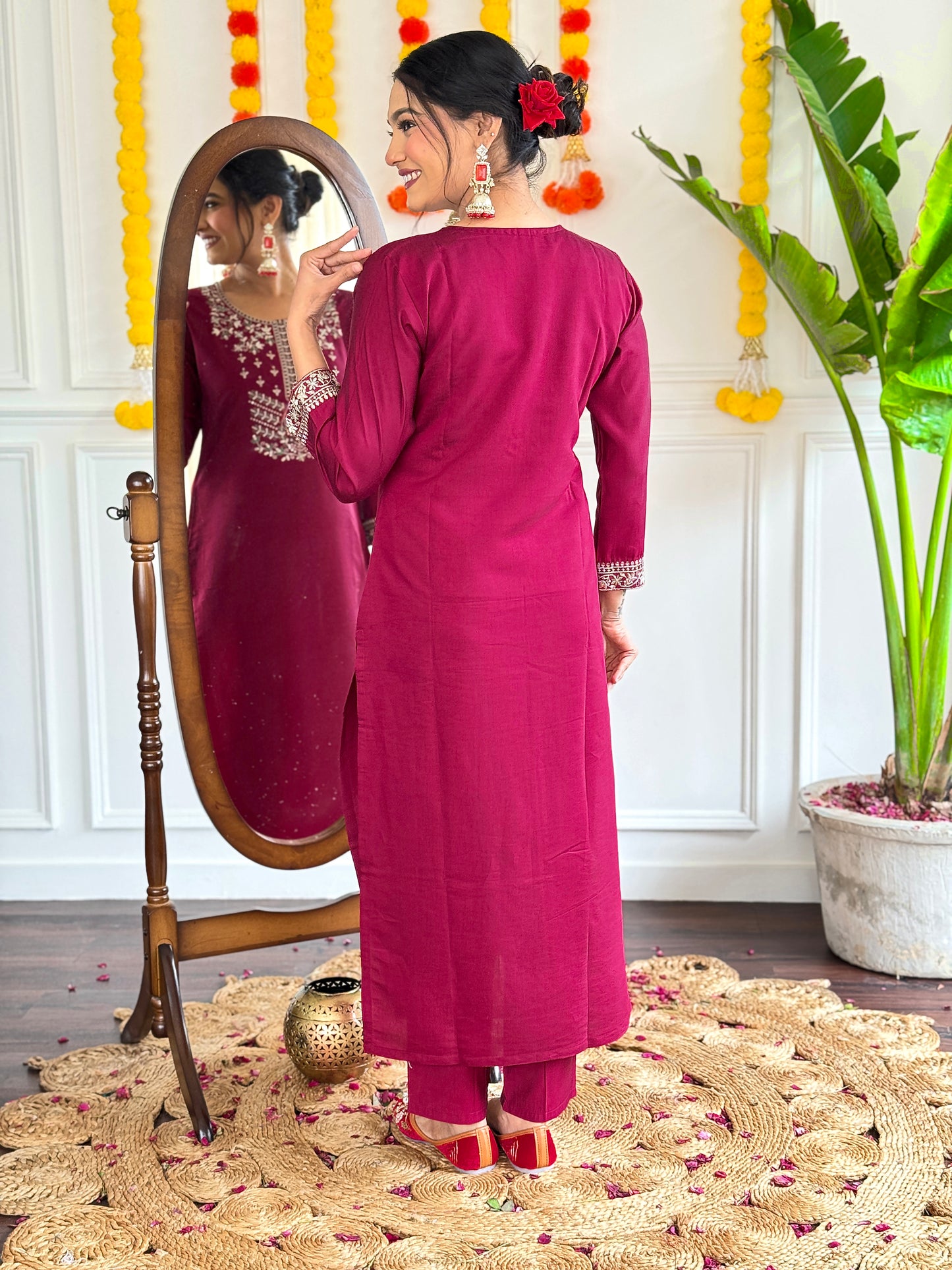 RED COLOURED WOMEN'S VISCOSE CHANDERI EMBROIDERED KURTA WITH PANT DUPATTA SET