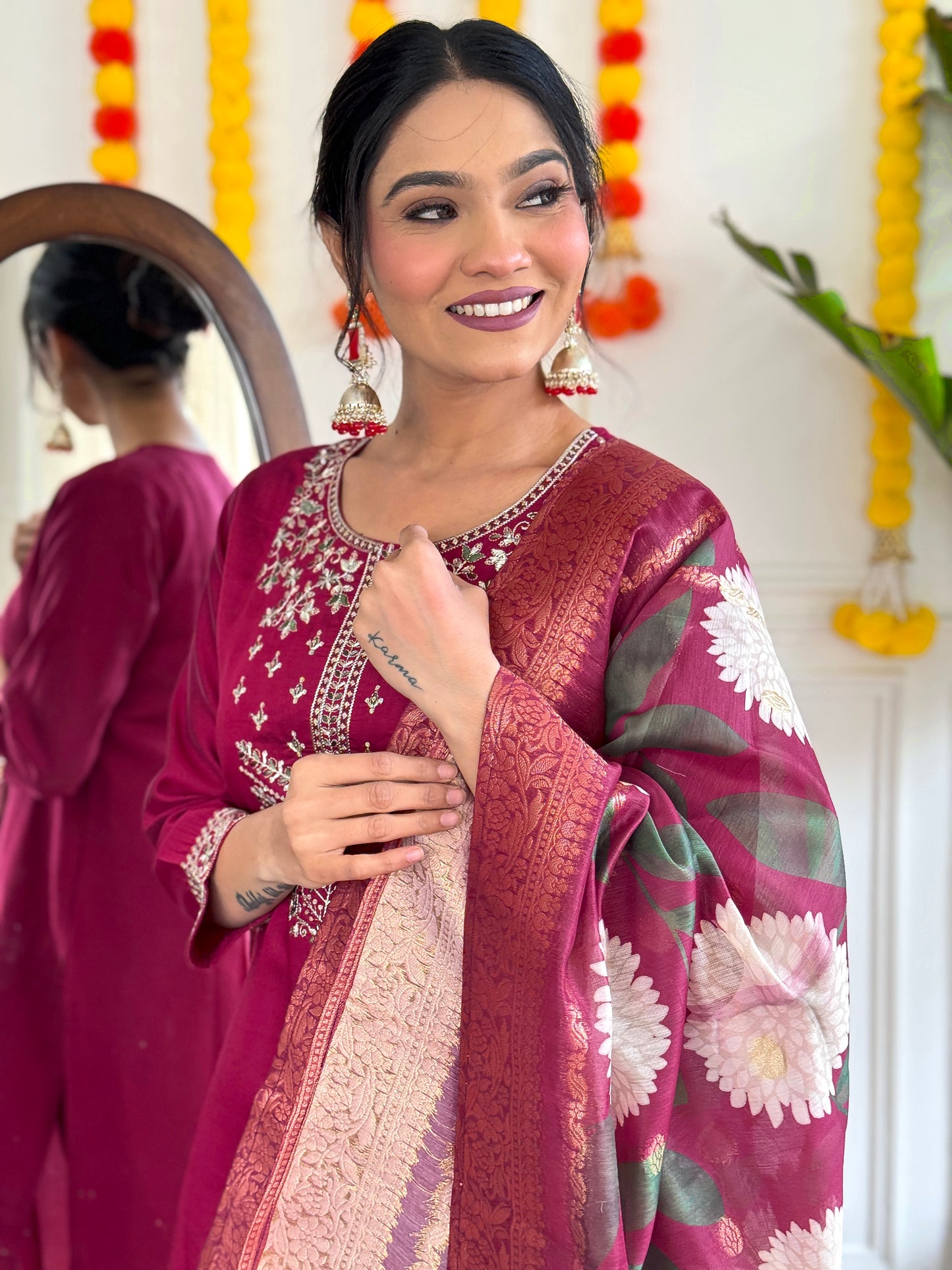 RED COLOURED WOMEN'S VISCOSE CHANDERI EMBROIDERED KURTA WITH PANT DUPATTA SET