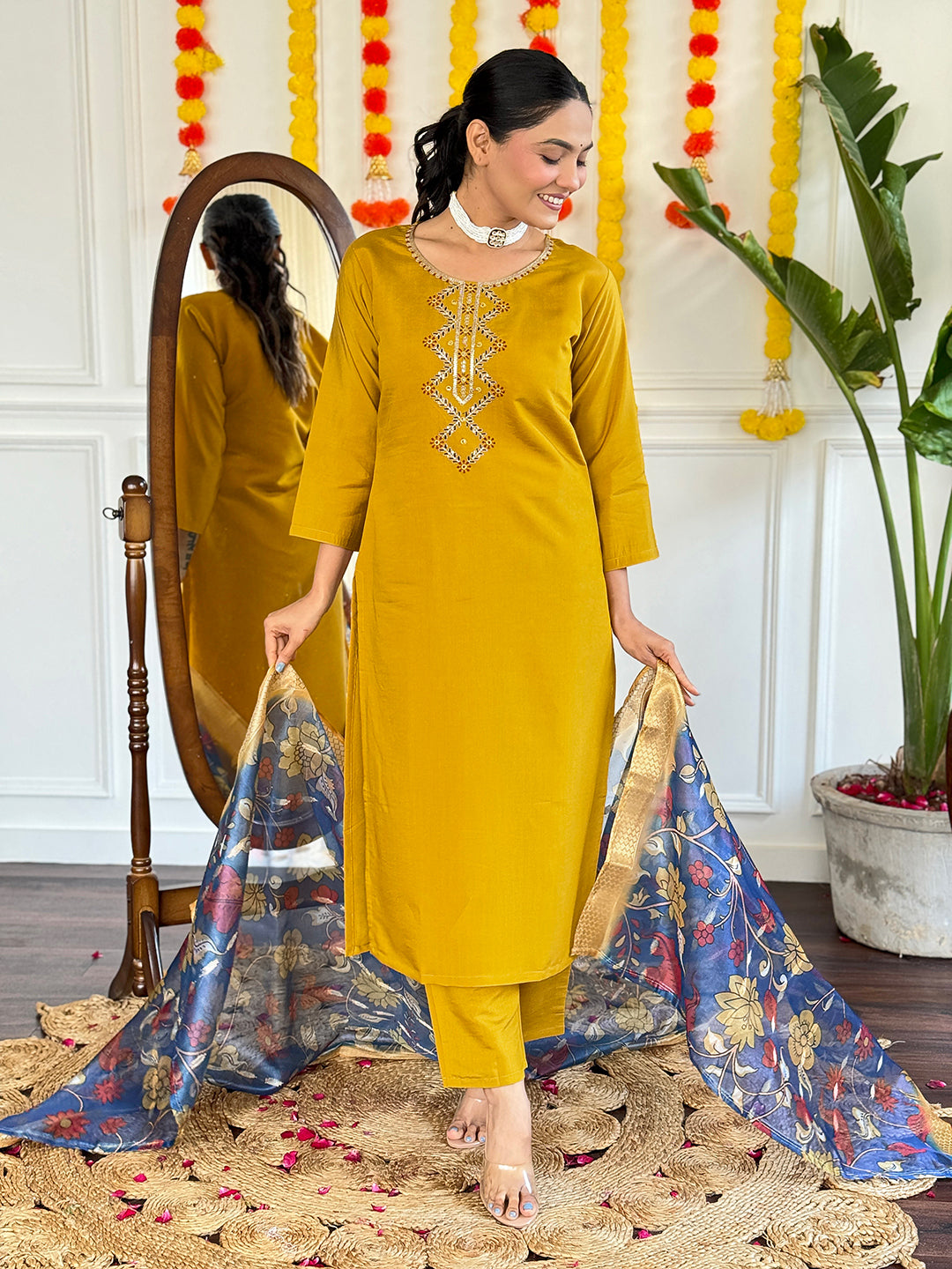 YELLOW COLOURED WOMEN'S VISCOSE CHANDERI EMBROIDERED KURTA WITH PANT DUPATTA SET