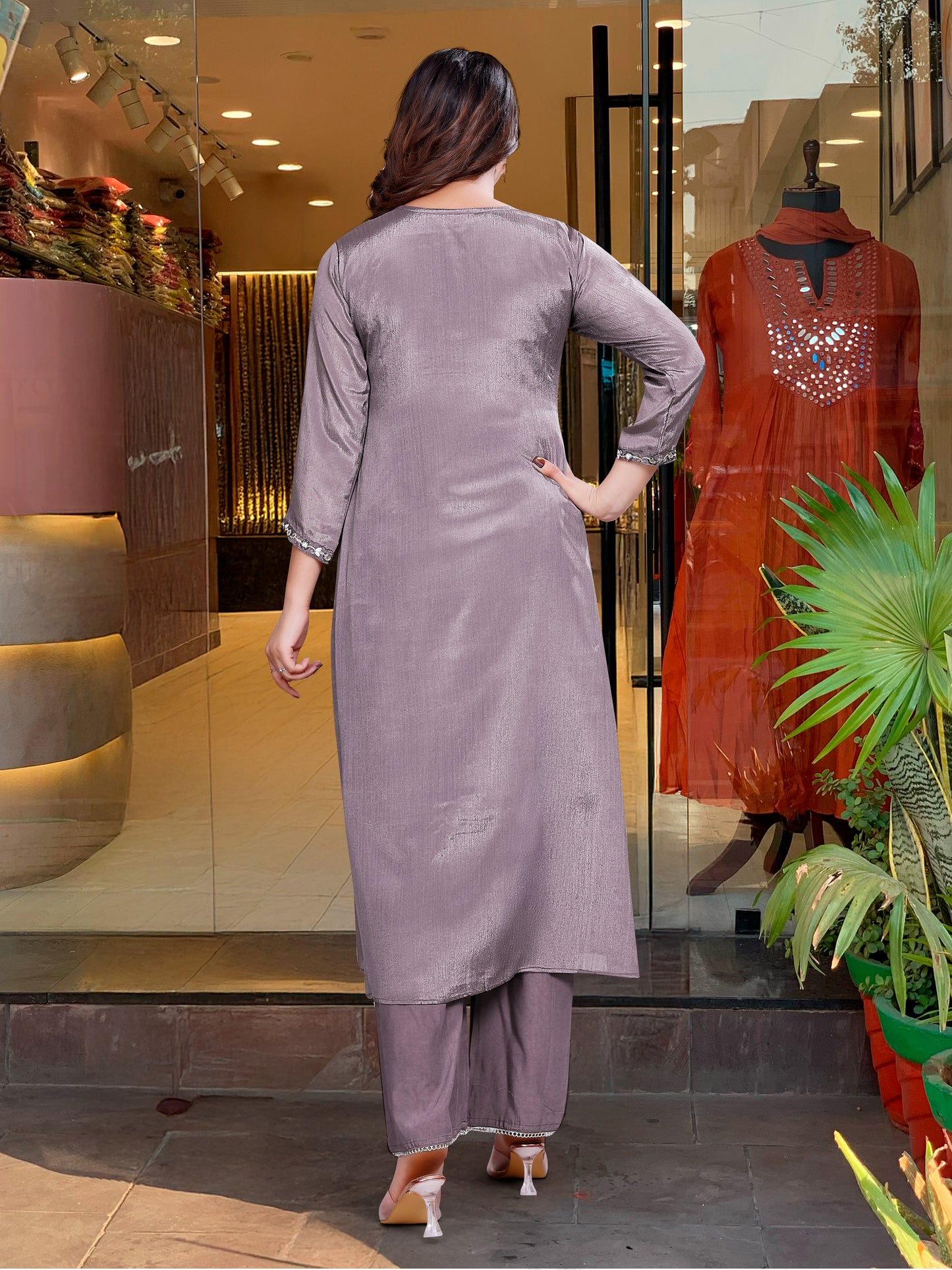 GREY COLOURED WOMEN'S VISCOSE CHINNON EMBROIDERED KURTA WITH PANT DUPATTA SET