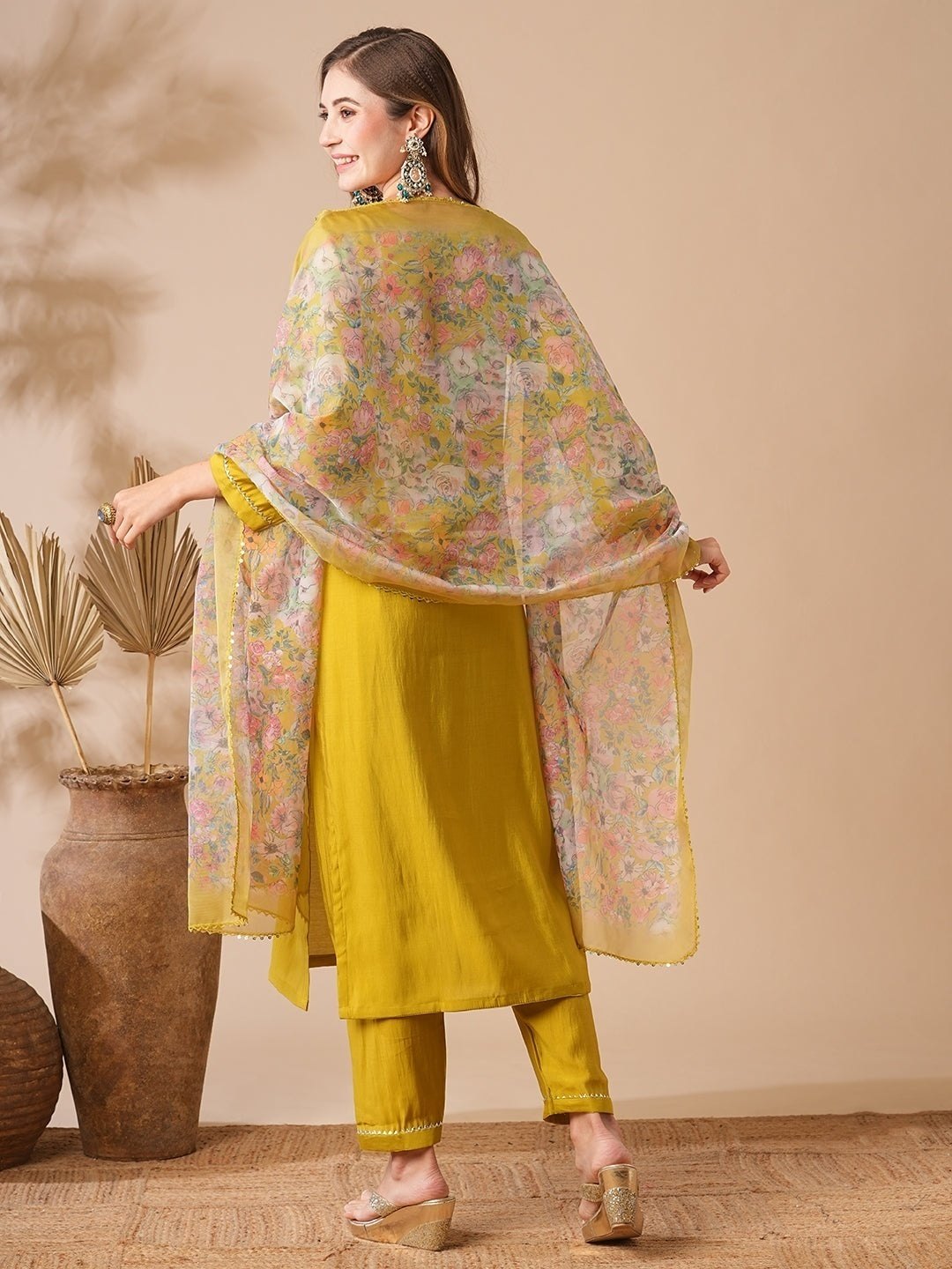 SHREE YELLOW COLOURED WOMEN'S CHANDERI COTTON EMBROIDERED KURTA WITH PANT DUPATTA SET