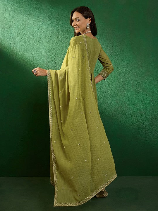MAHENDI COLOURED WOMEN'S GEORGETTE ZOMATO EMBROIDERED KURTA WITH PANT DUPATTA SET