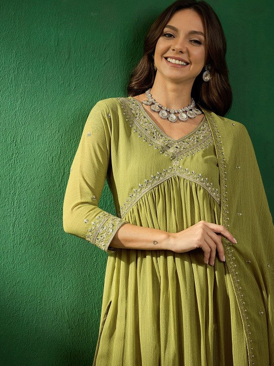 MAHENDI COLOURED WOMEN'S GEORGETTE ZOMATO EMBROIDERED KURTA WITH PANT DUPATTA SET