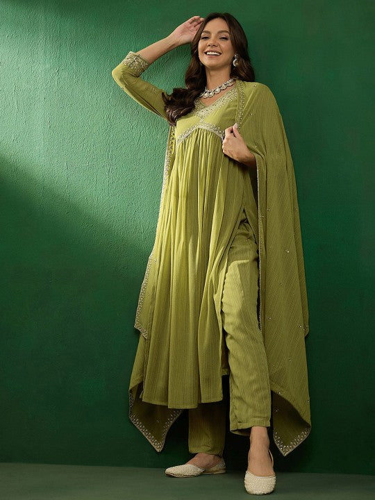 MAHENDI COLOURED WOMEN'S GEORGETTE ZOMATO EMBROIDERED KURTA WITH PANT DUPATTA SET