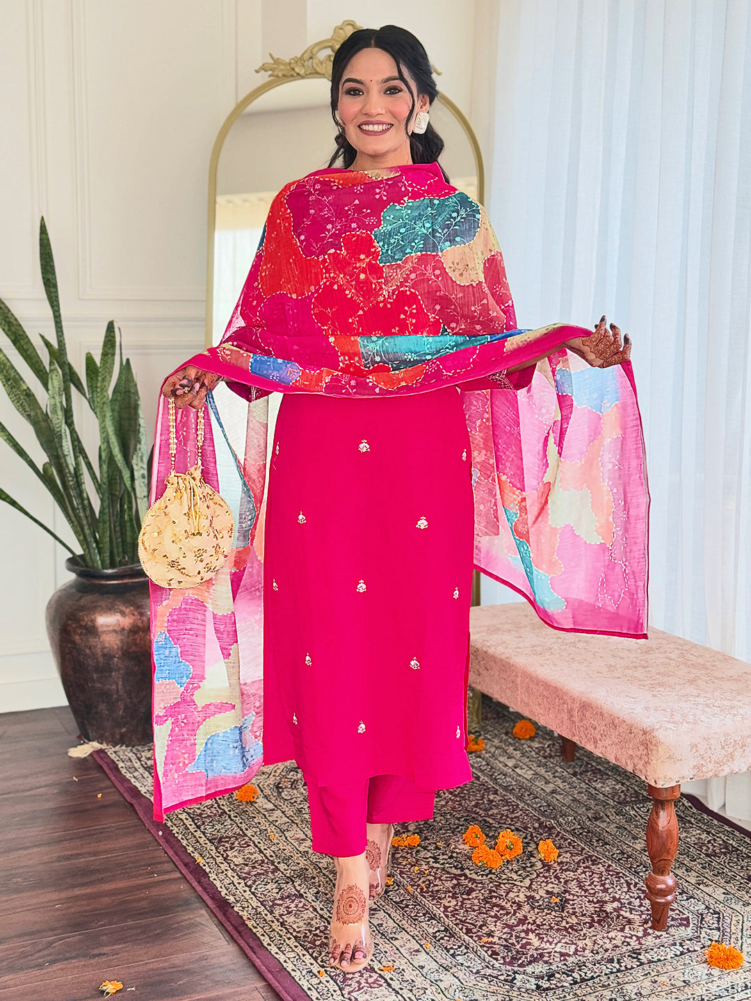 SIYA PINK COLOURED WOMEN'S VISCOSE CHANDERI EMBROIDERED KURTA WITH PANT DUPATTA SET