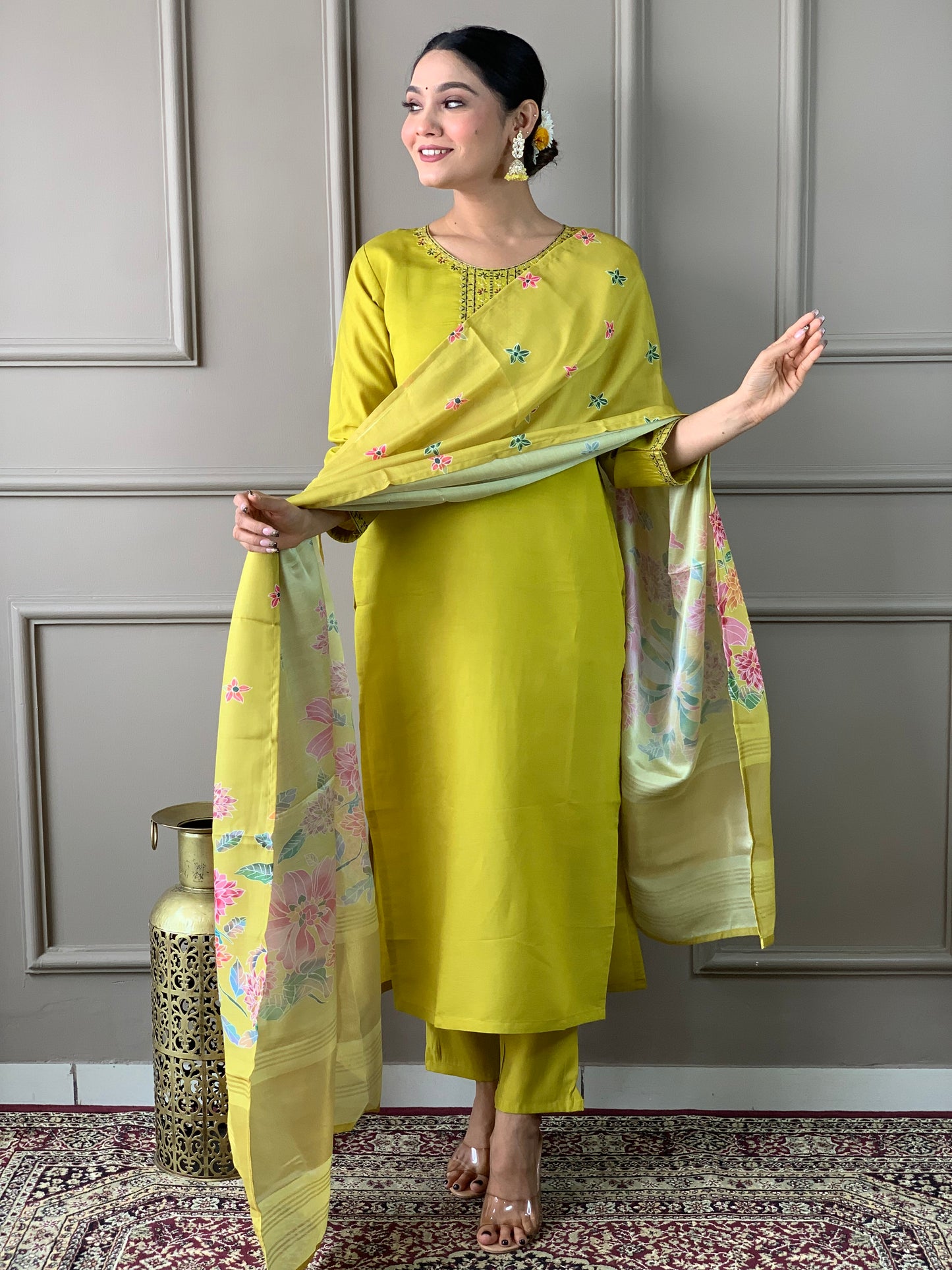 SOFIA YELLOW COLOURED WOMEN'S VISCOSE CHANDERI EMBROIDERED KURTA WITH PANT DUPATTA SET