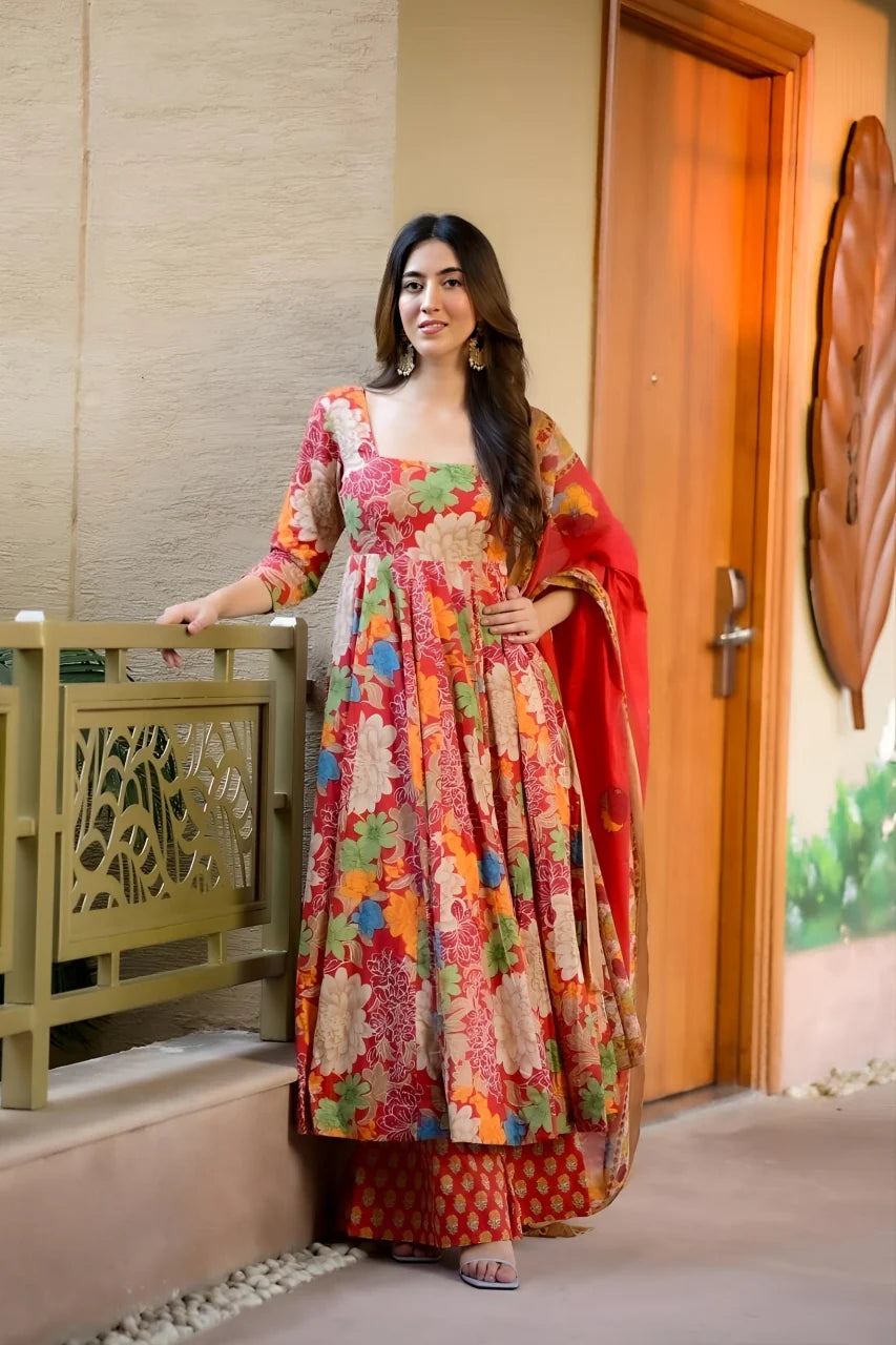 RED COLOURED WOMEN'S CHANDERI COTTON KURTA WITH PANT DUPATTA SET