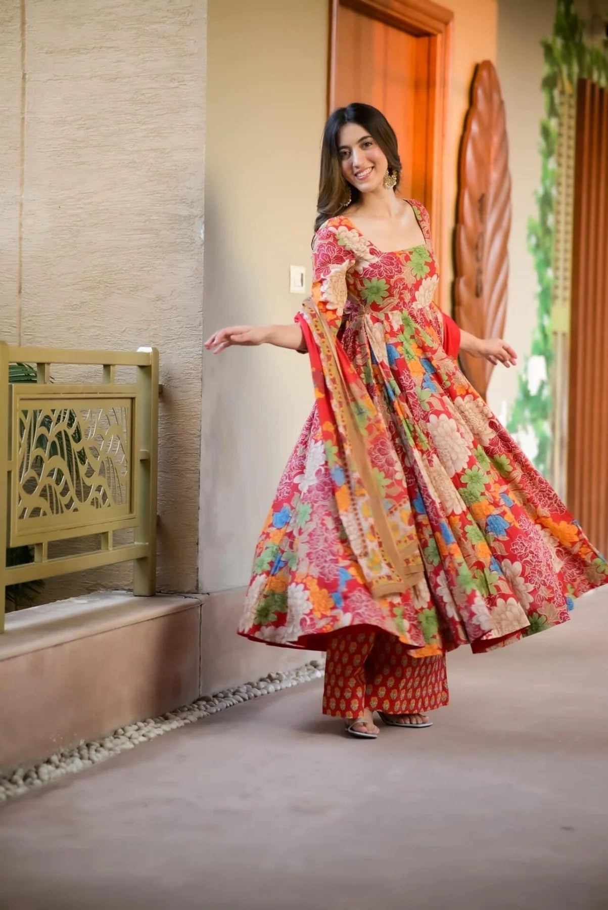 RED COLOURED WOMEN'S CHANDERI COTTON KURTA WITH PANT DUPATTA SET