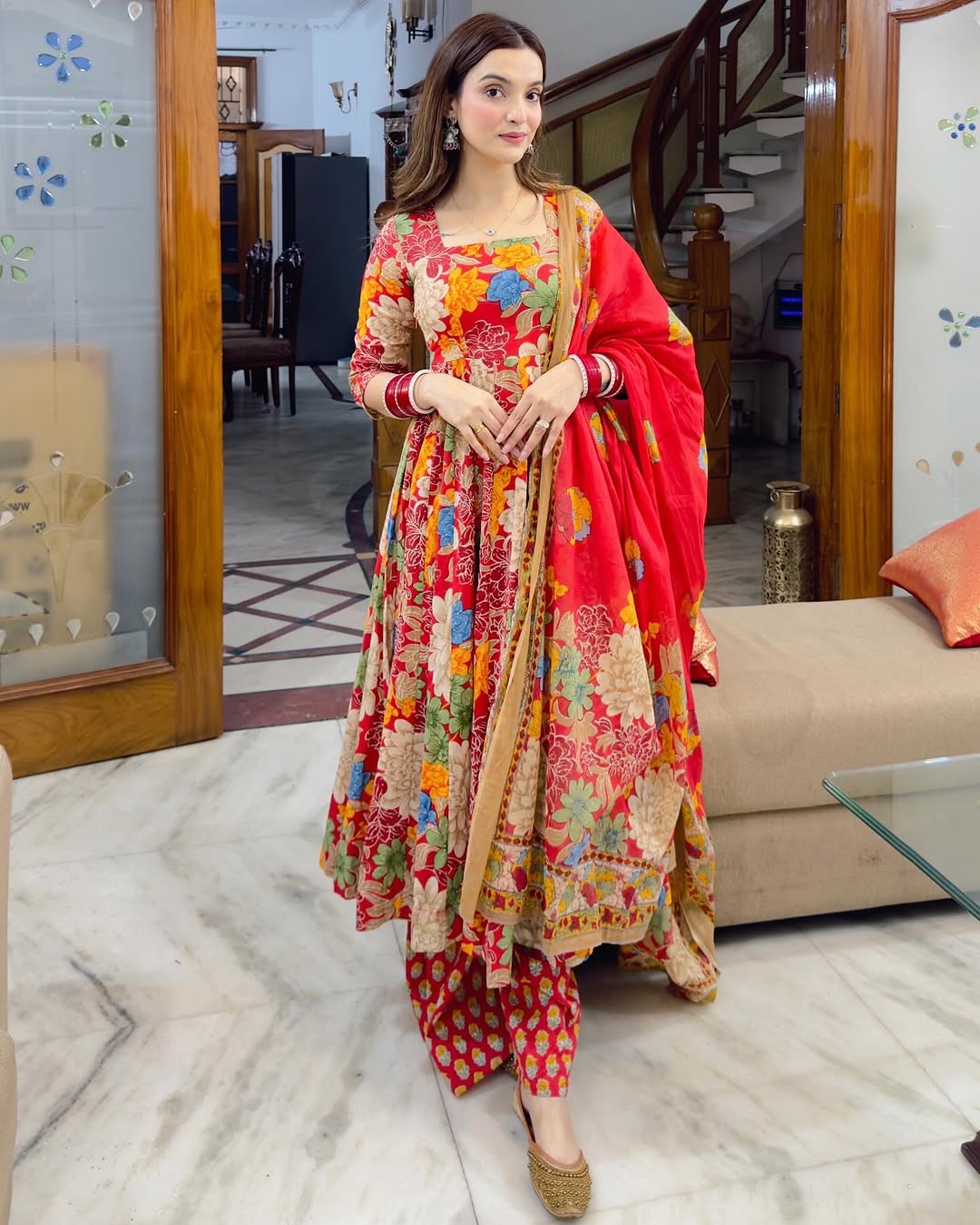 RED COLOURED WOMEN'S CHANDERI COTTON KURTA WITH PANT DUPATTA SET