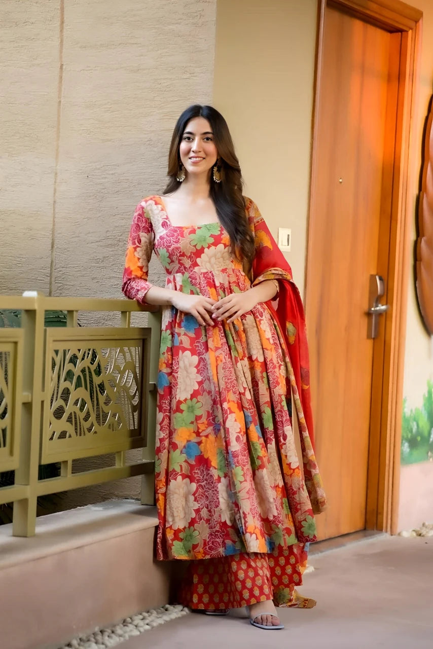RED COLOURED WOMEN'S CHANDERI COTTON KURTA WITH PANT DUPATTA SET