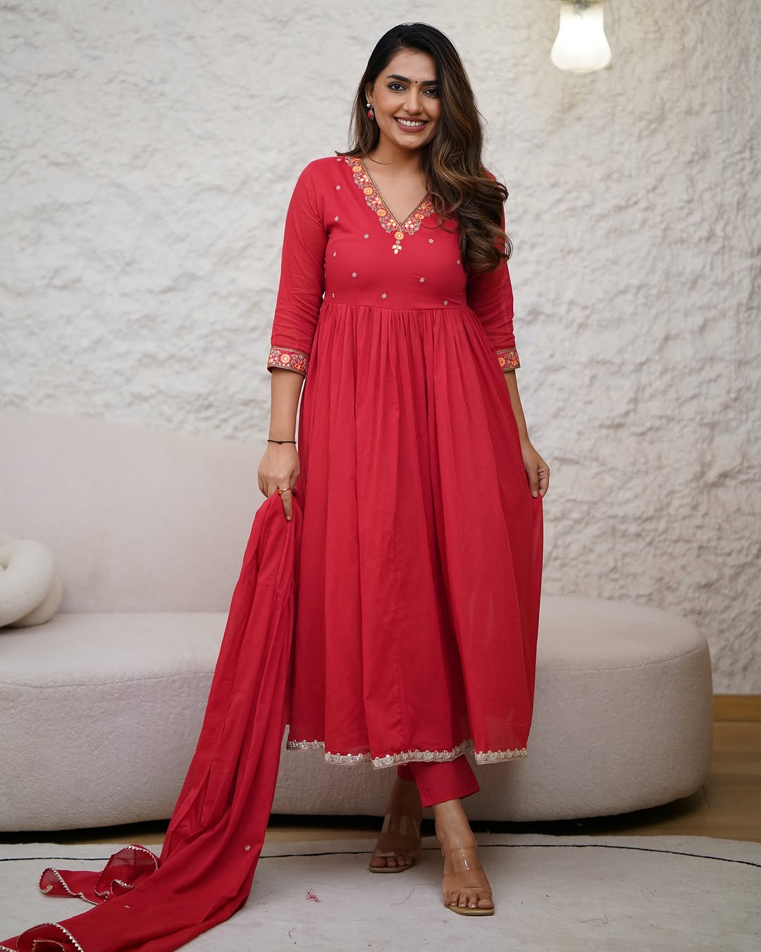 RED COLOURED WOMEN'S VISCOSE DIAMOND GEORGETTE EMBROIDERED KURTA WITH PANT DUPATTA SET