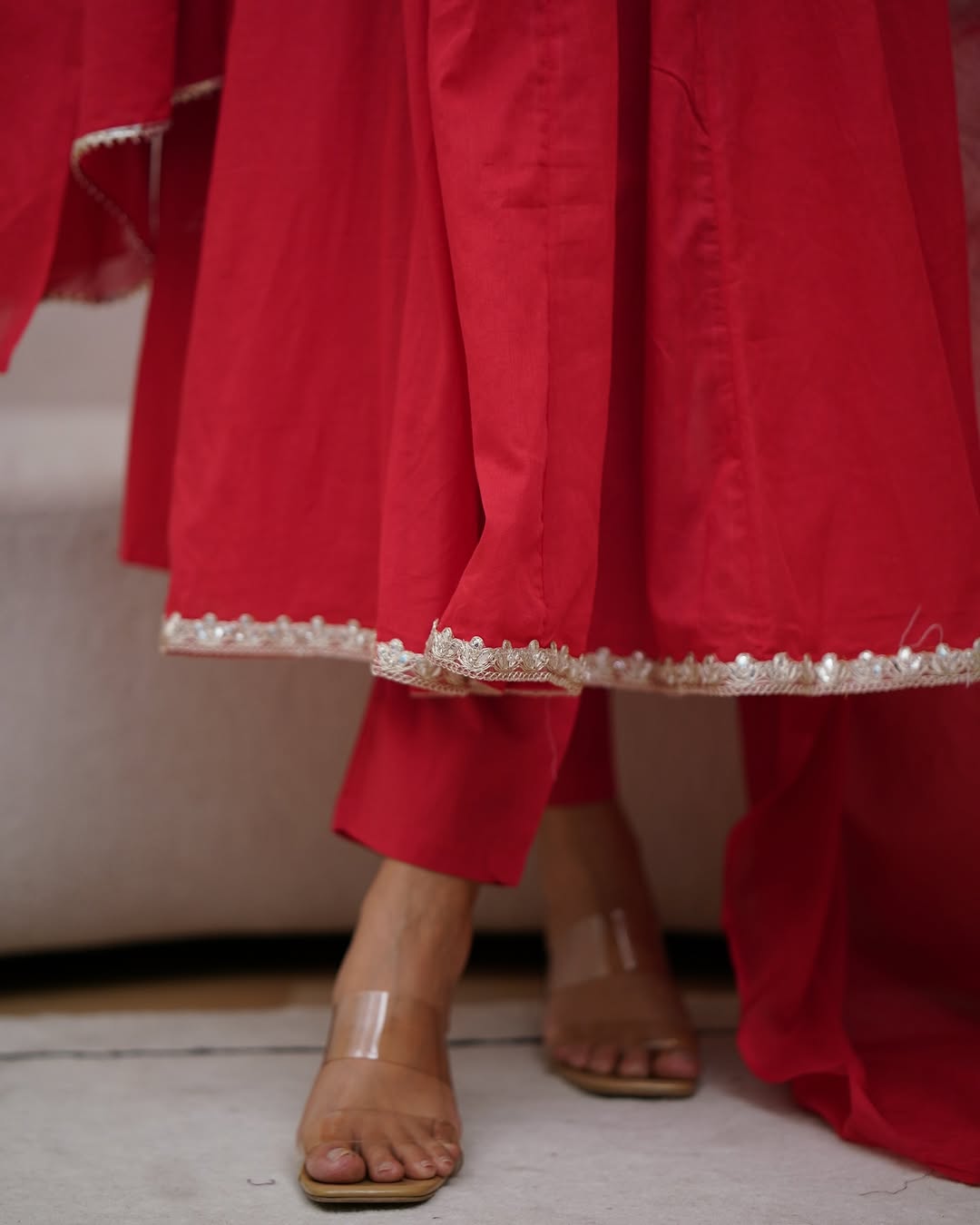 RED COLOURED WOMEN'S VISCOSE DIAMOND GEORGETTE EMBROIDERED KURTA WITH PANT DUPATTA SET